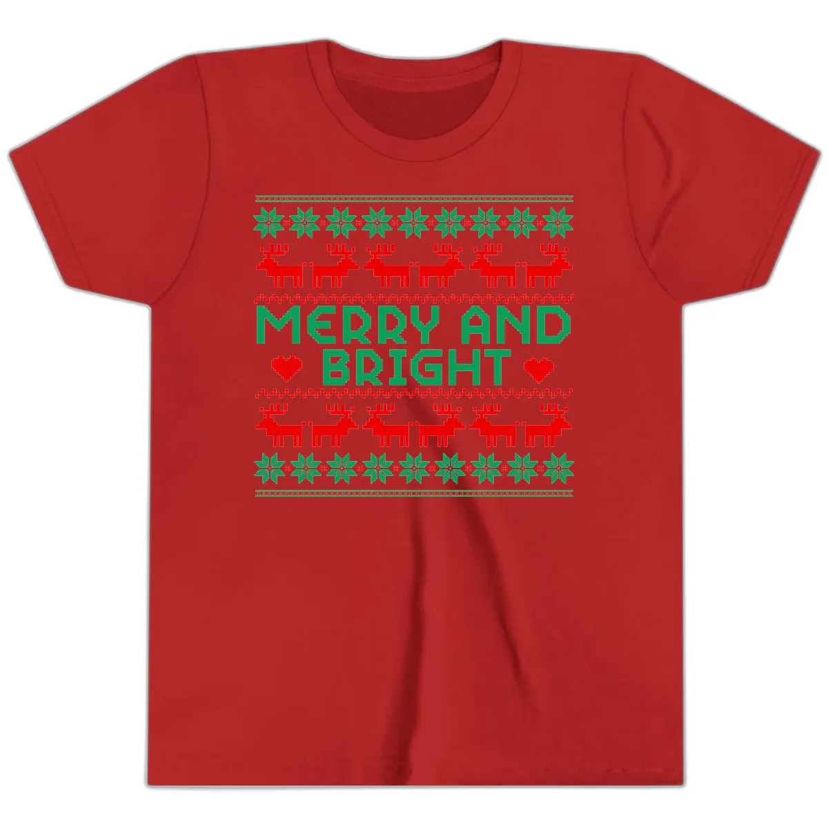 Merry And Bright Ugly Christmas Sweater Youth T-Shirt in Red