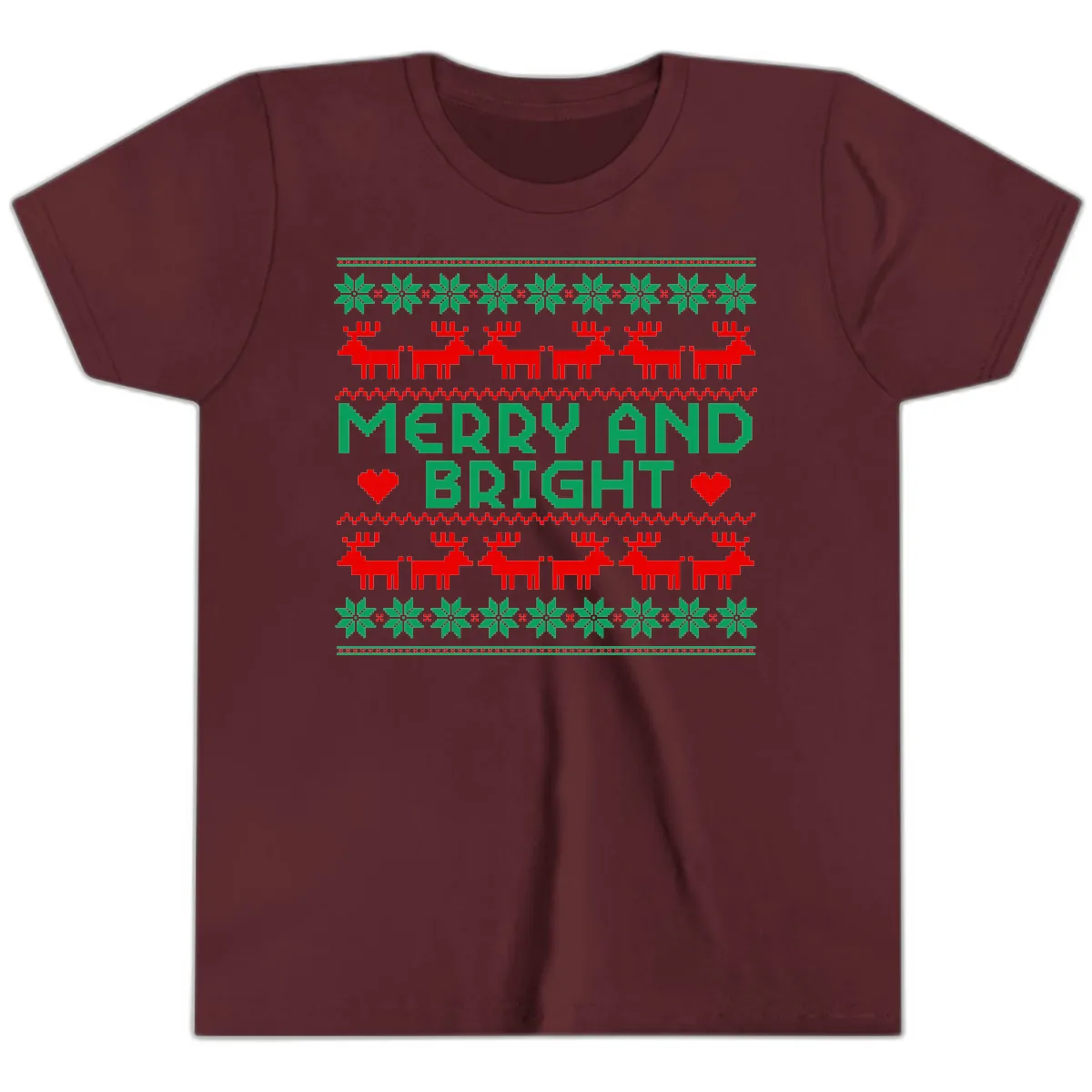 Merry And Bright Ugly Christmas Sweater Youth T-Shirt in Maroon