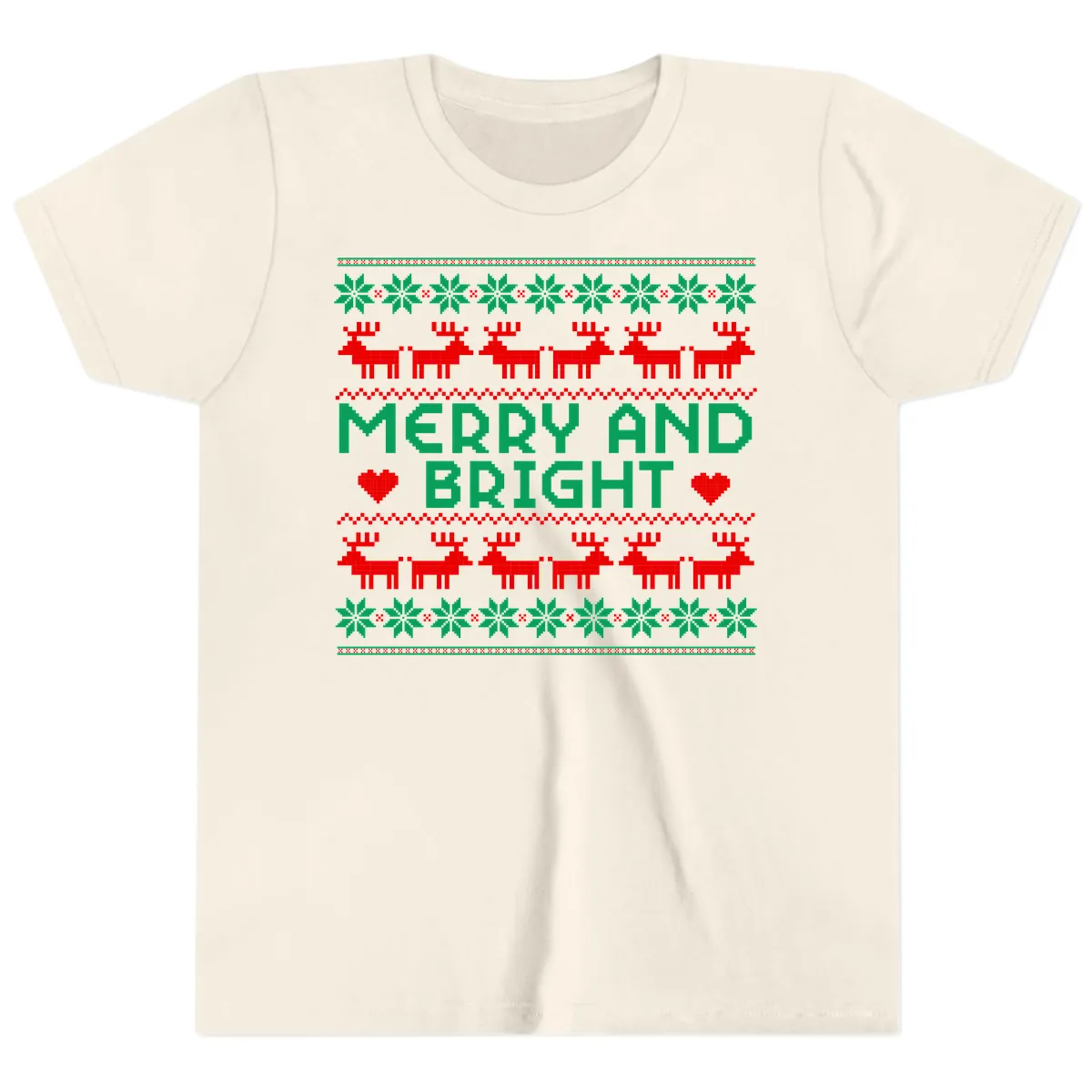 Merry And Bright Ugly Christmas Sweater Youth T-Shirt in Natural