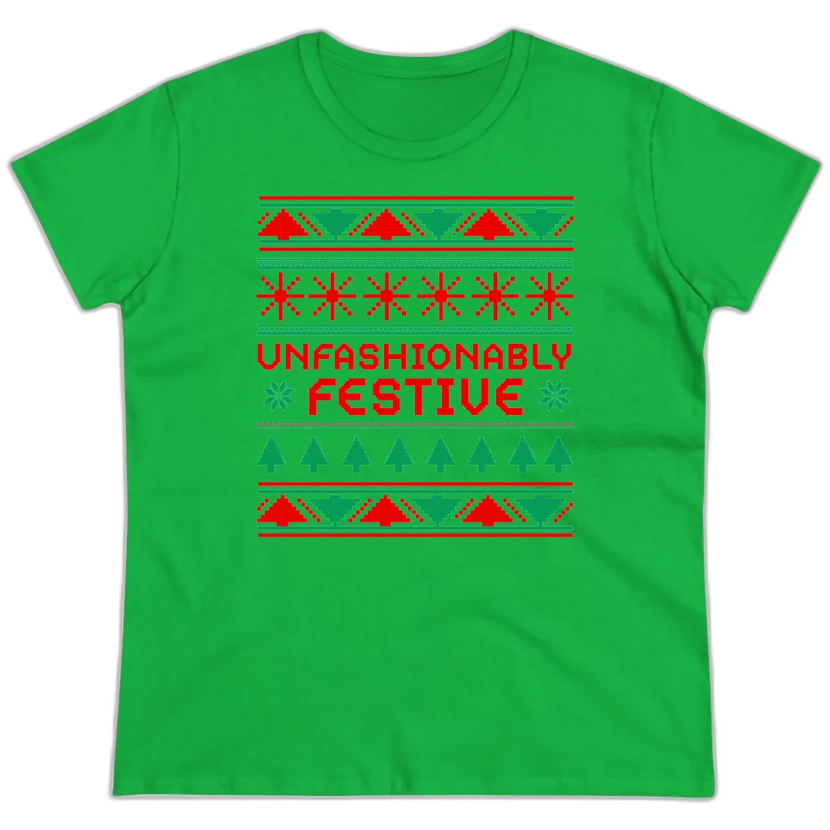 Unfashionably Festive Christmas Sweater Ladies Tee in Irish Green