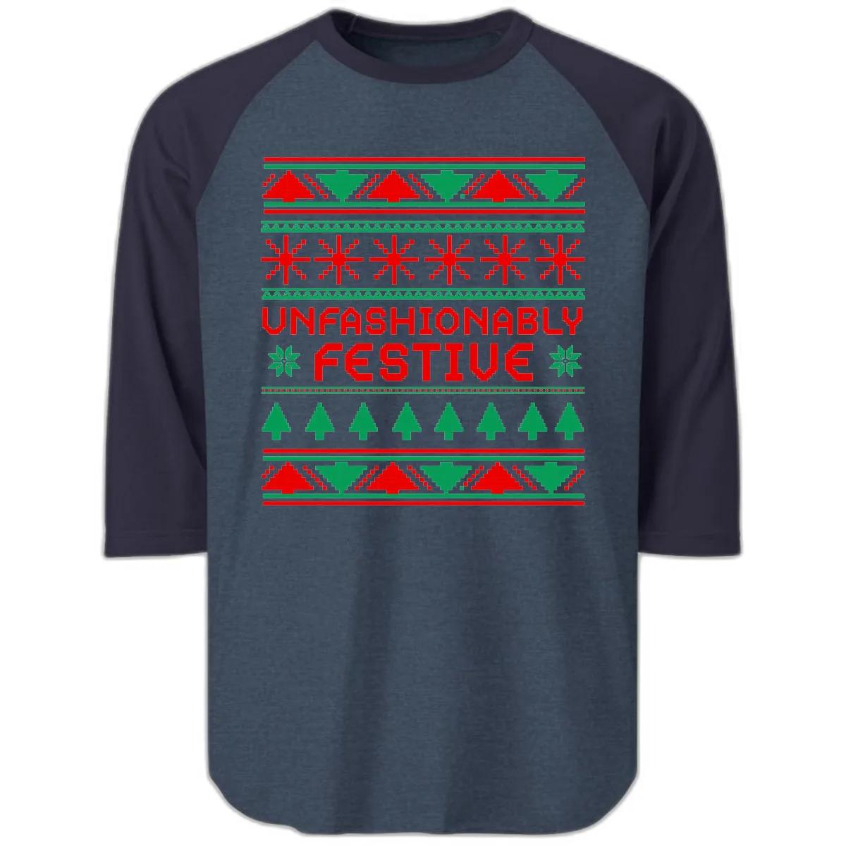 Unfashionably Festive Christmas Sweater Raglan 3/4 in Heather Denim Navy