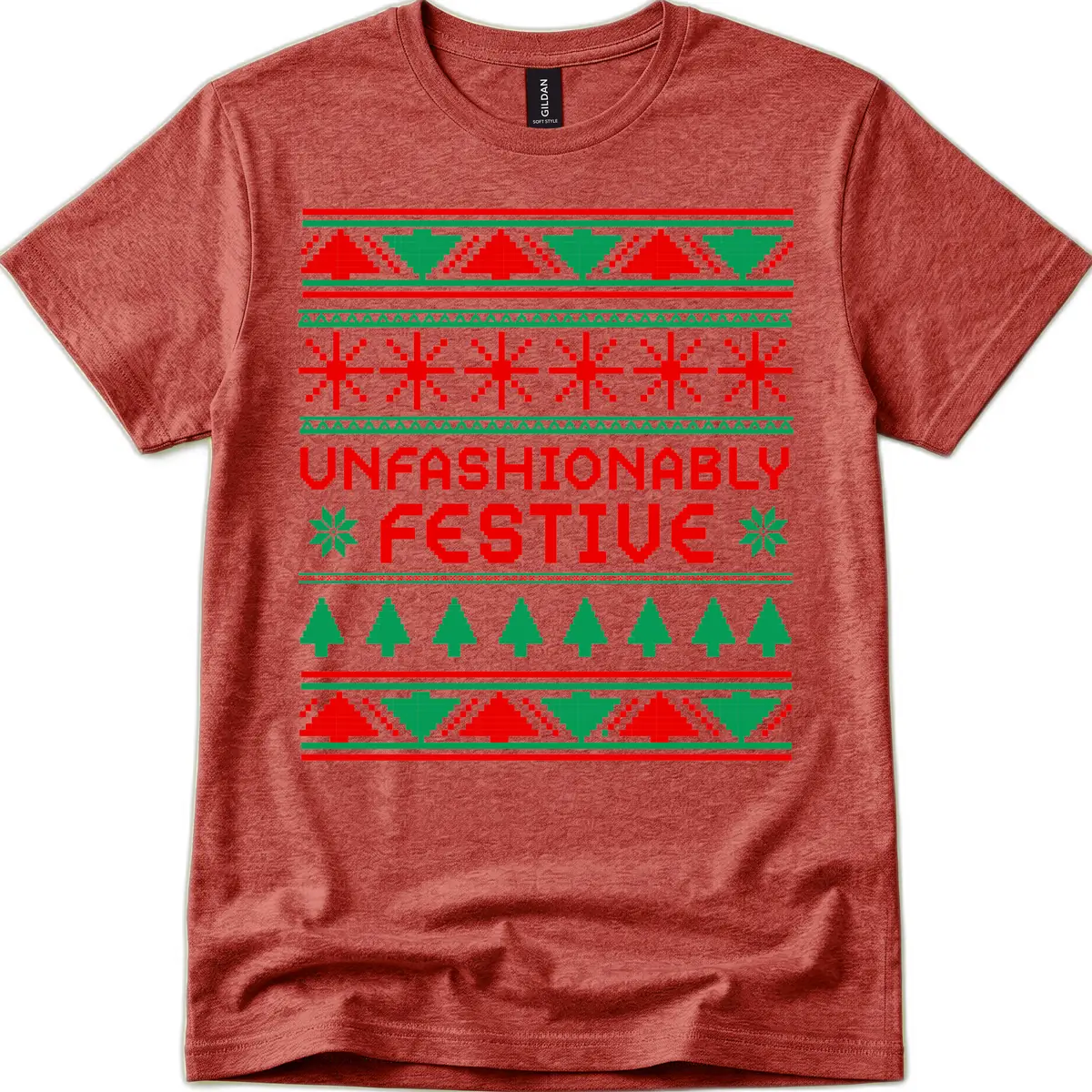 Unfashionably Festive Christmas Sweater T-Shirt in Heather Cardinal