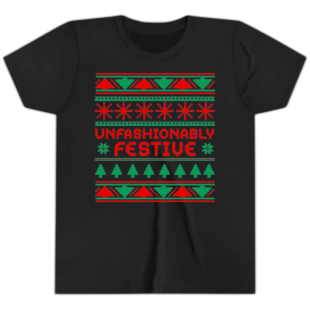 Unfashionably Festive Christmas Sweater Youth T-Shirt in Black
