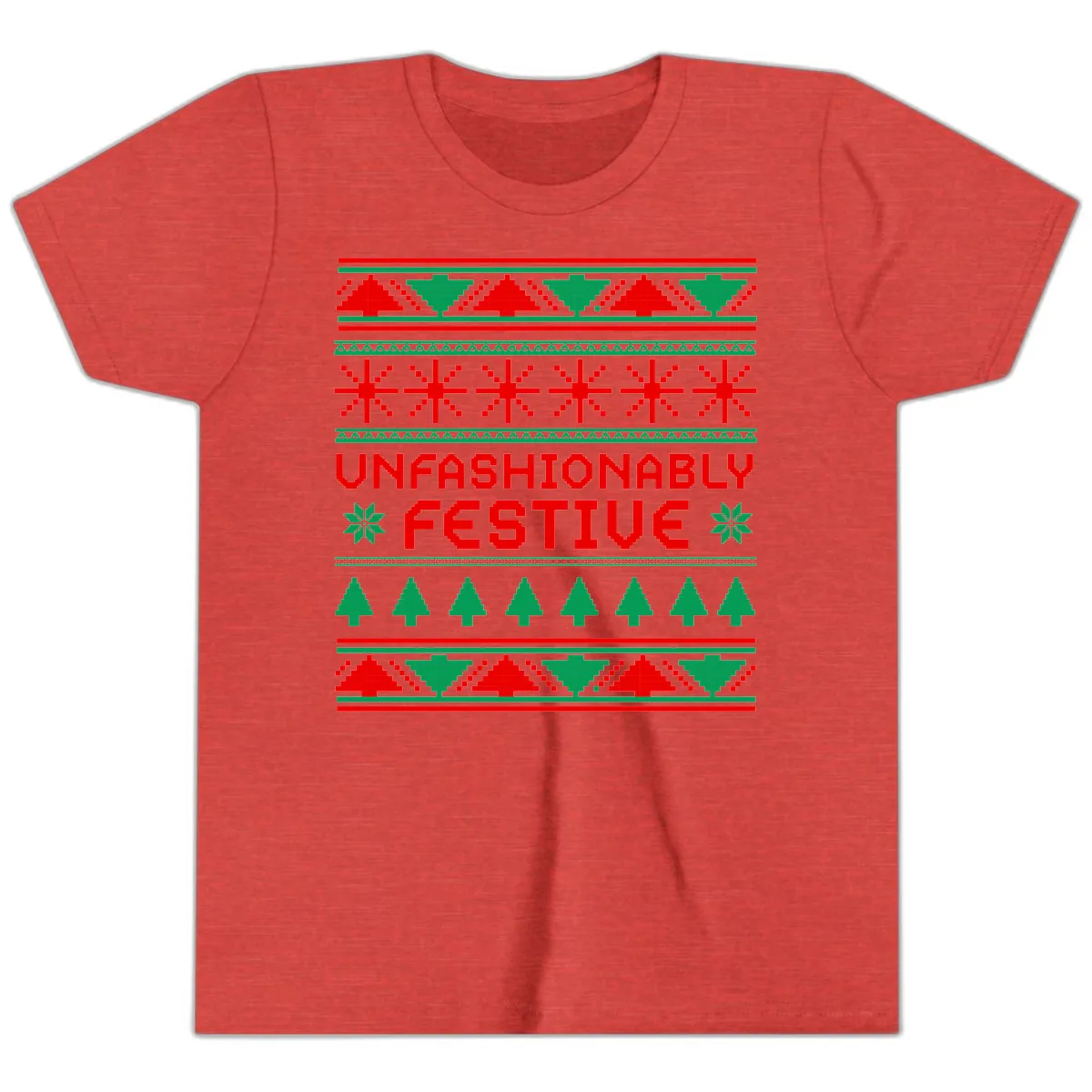 Unfashionably Festive Christmas Sweater Youth T-Shirt in Heather Red