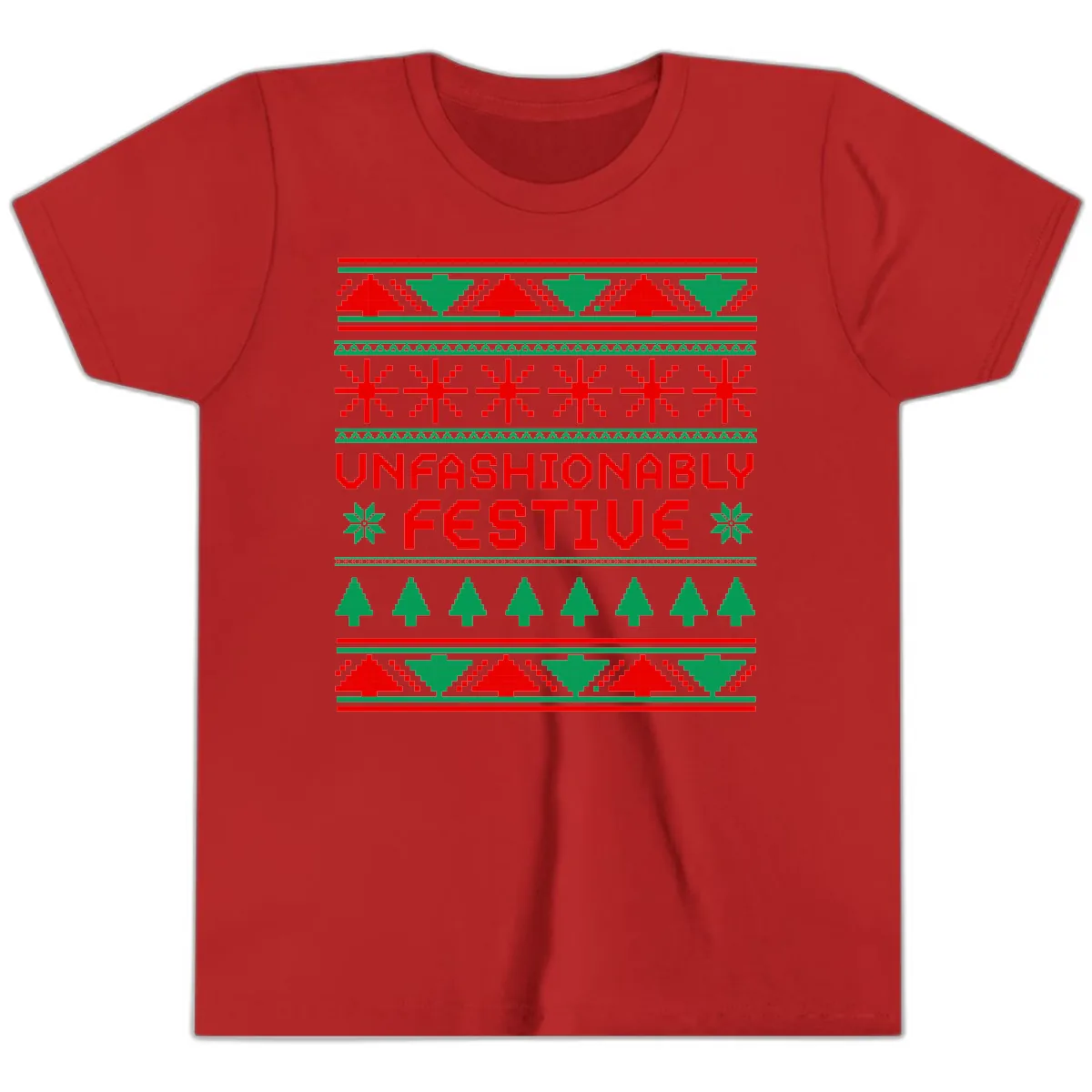 Unfashionably Festive Christmas Sweater Youth T-Shirt in Red