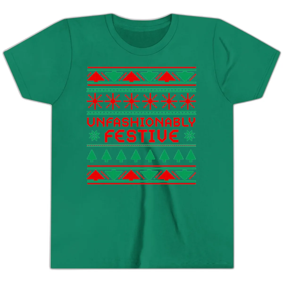 Unfashionably Festive Christmas Sweater Youth T-Shirt in Kelly