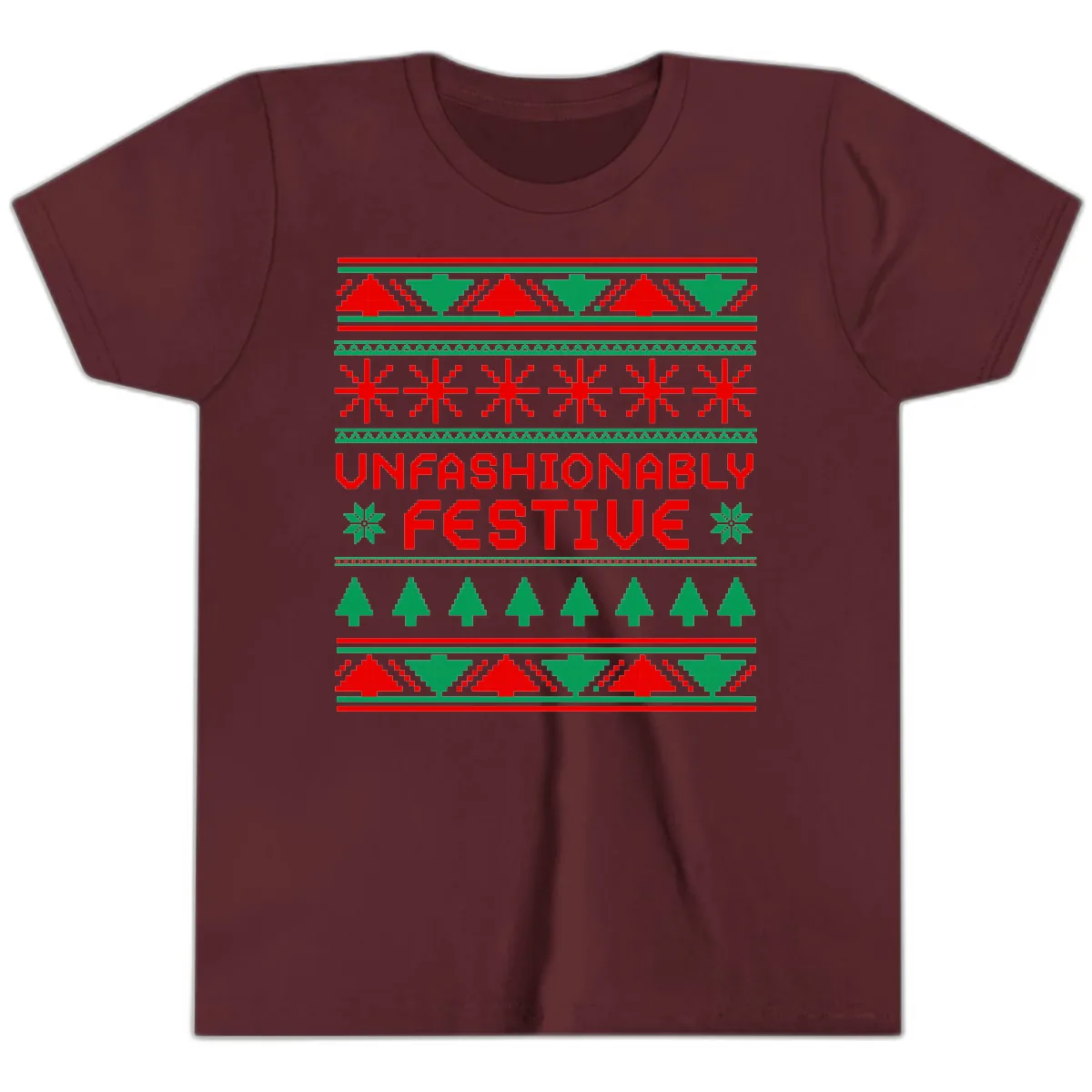 Unfashionably Festive Christmas Sweater Youth T-Shirt in Maroon