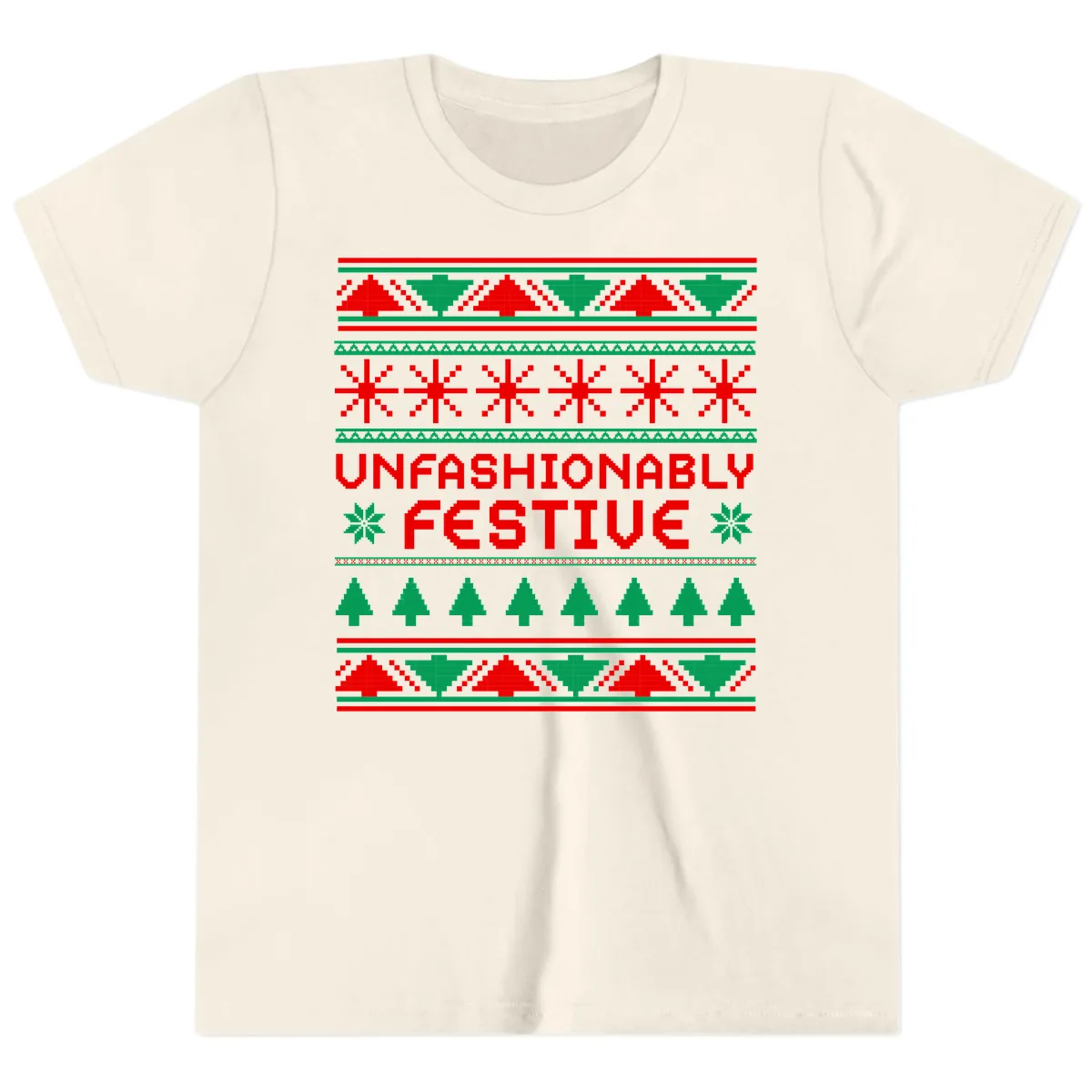 Unfashionably Festive Christmas Sweater Youth T-Shirt in Natural