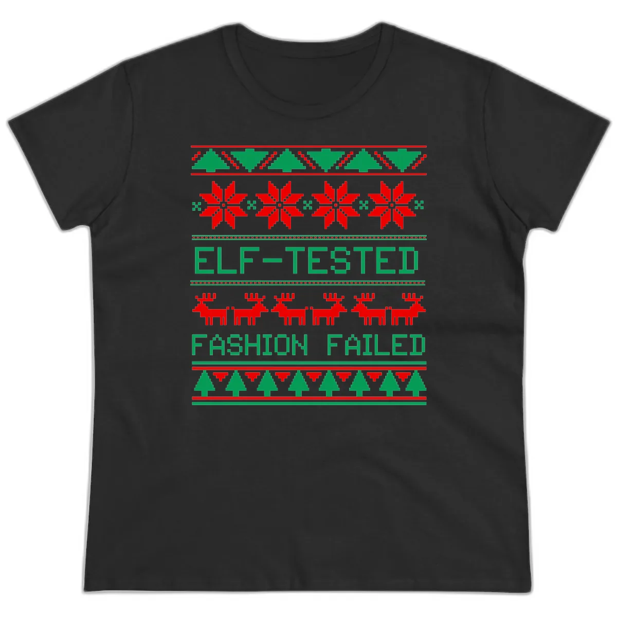 Elf Tested Fashion Failed Ugly Sweater Ladies Tee in Black