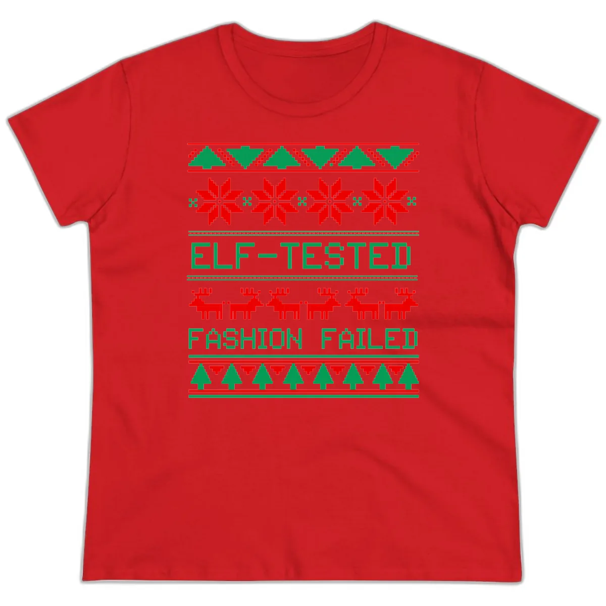 Elf Tested Fashion Failed Ugly Sweater Ladies Tee in Red