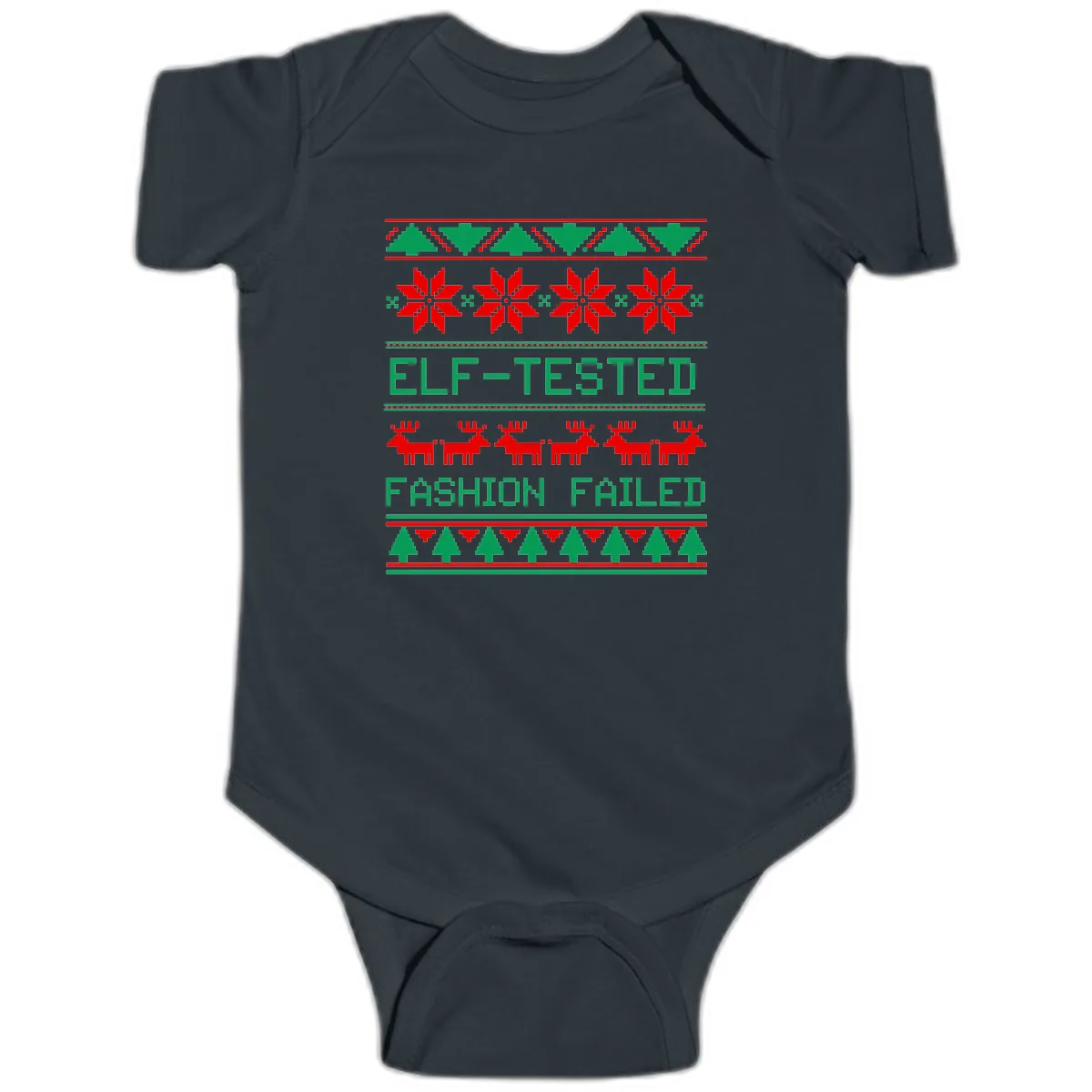 Elf Tested Fashion Failed Ugly Sweater Baby Onesie in Black