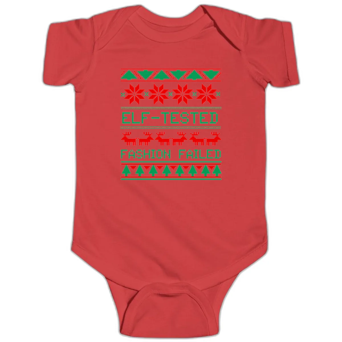 Elf Tested Fashion Failed Ugly Sweater Baby Onesie in Red