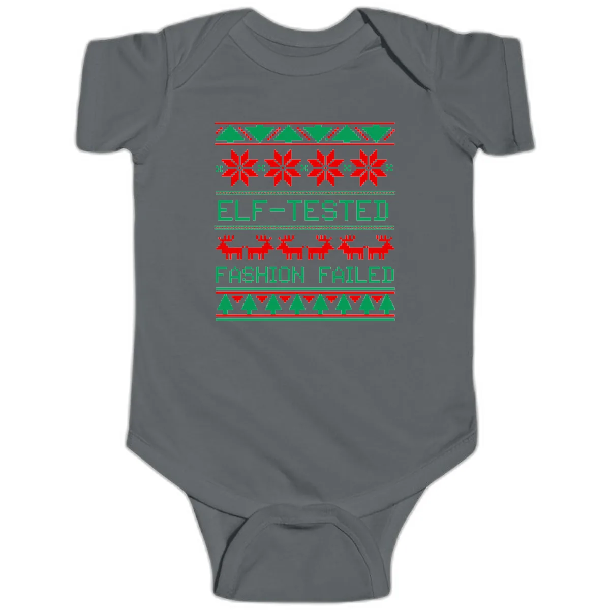 Elf Tested Fashion Failed Ugly Sweater Baby Onesie in Charcoal