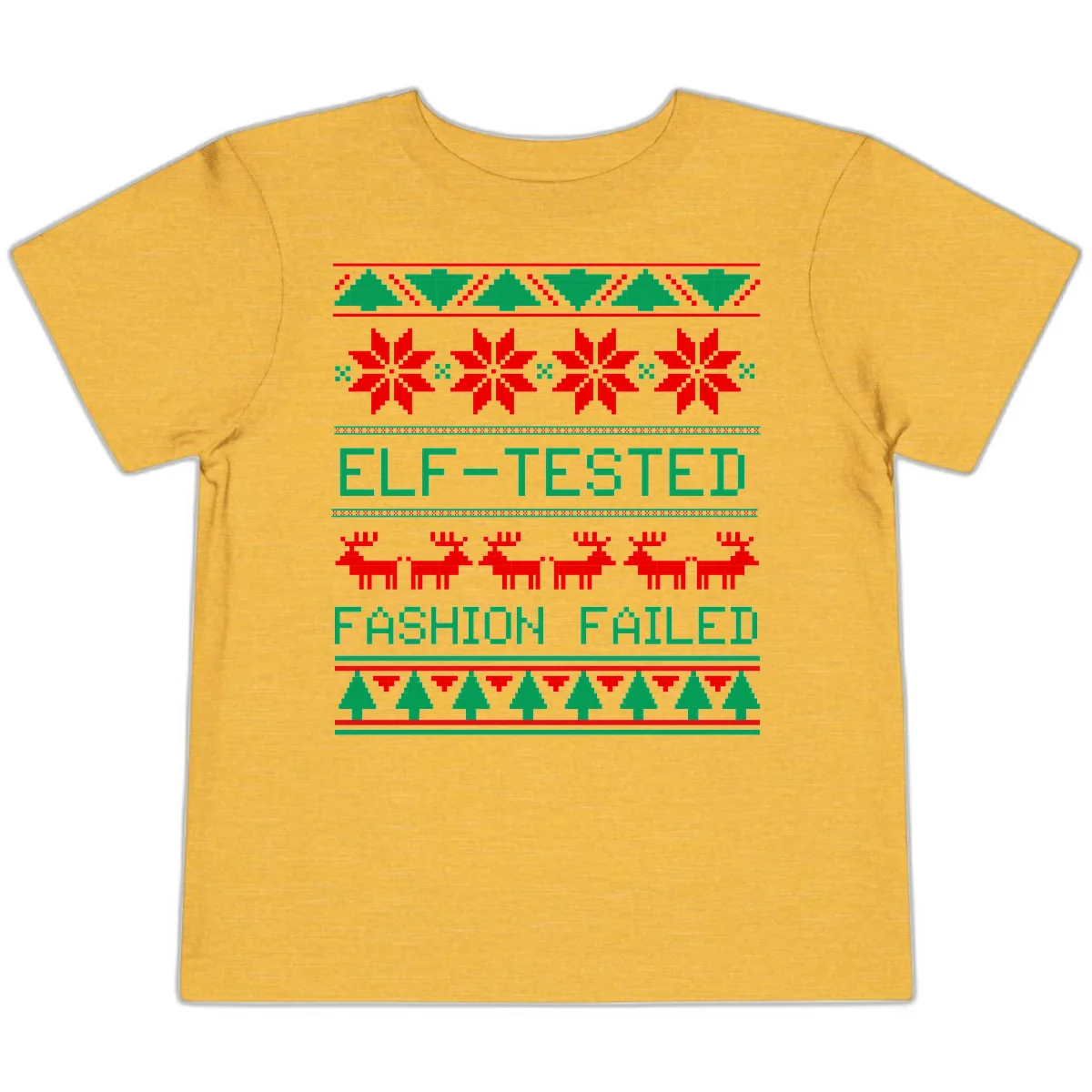 Elf Tested Fashion Failed Ugly Sweater Toddler T-Shirt in Heather Yellow Gold