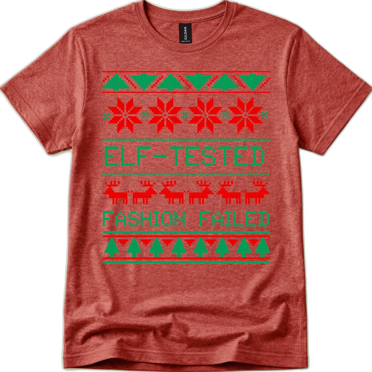 Elf Tested Fashion Failed Ugly Sweater T-Shirt in Heather Cardinal