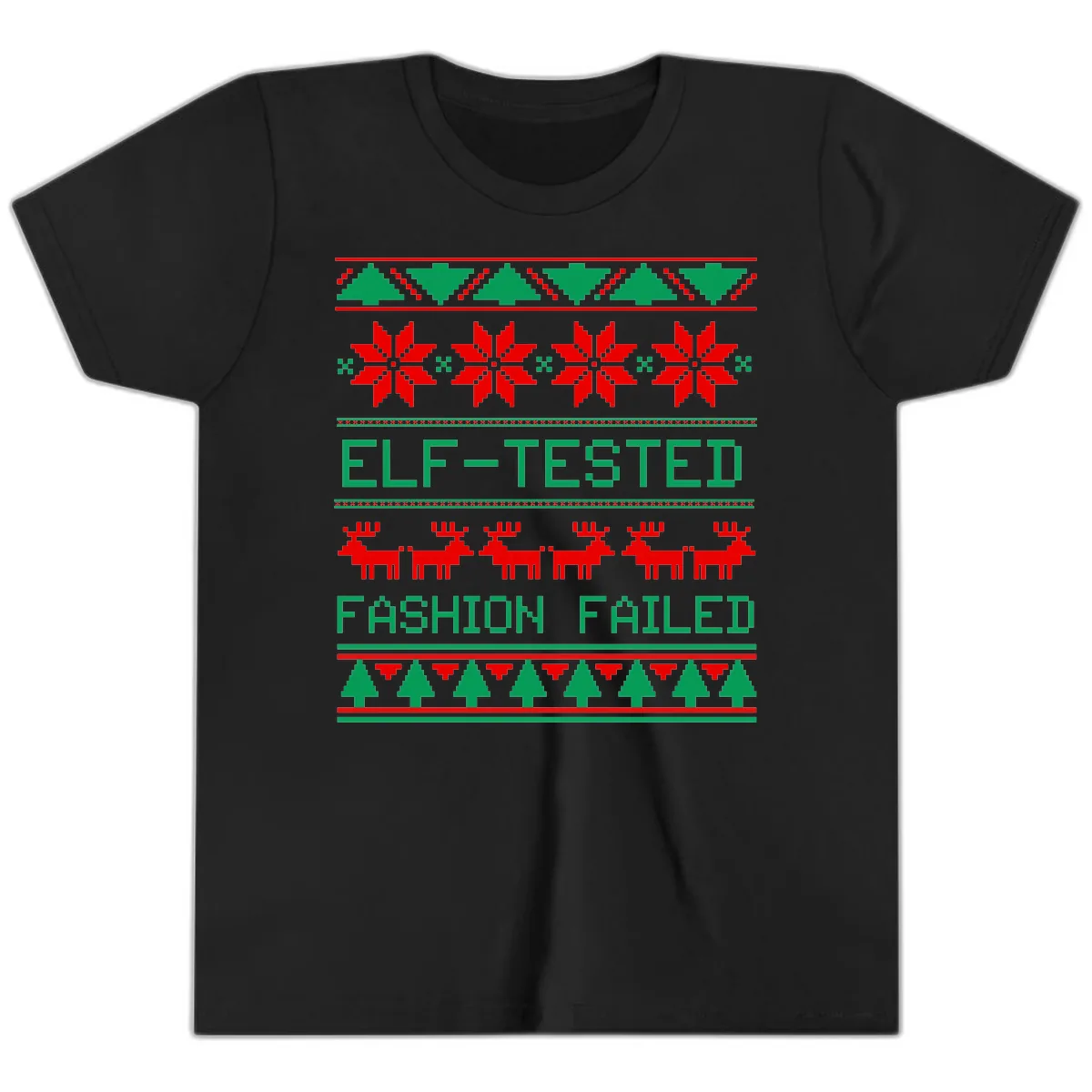 Elf Tested Fashion Failed Ugly Sweater Youth T-Shirt in Black
