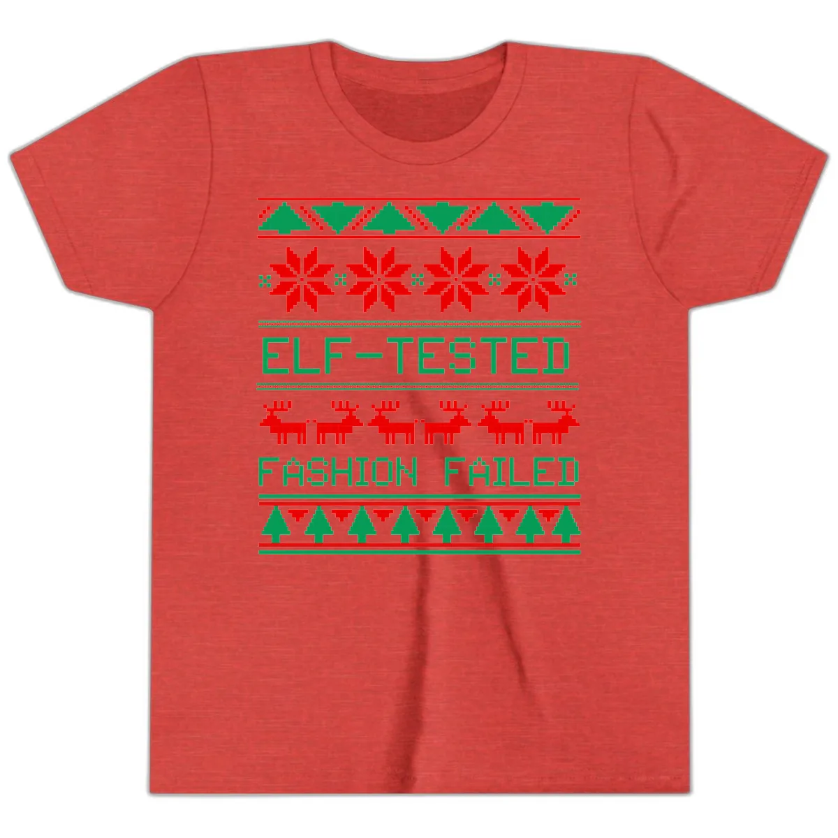 Elf Tested Fashion Failed Ugly Sweater Youth T-Shirt in Heather Red