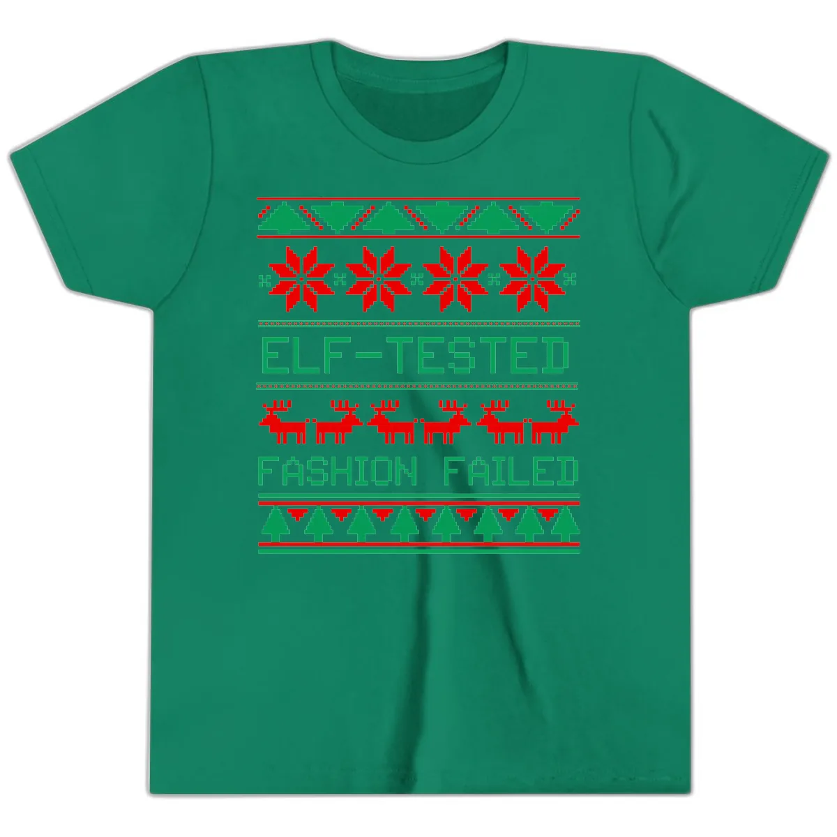Elf Tested Fashion Failed Ugly Sweater Youth T-Shirt in Kelly