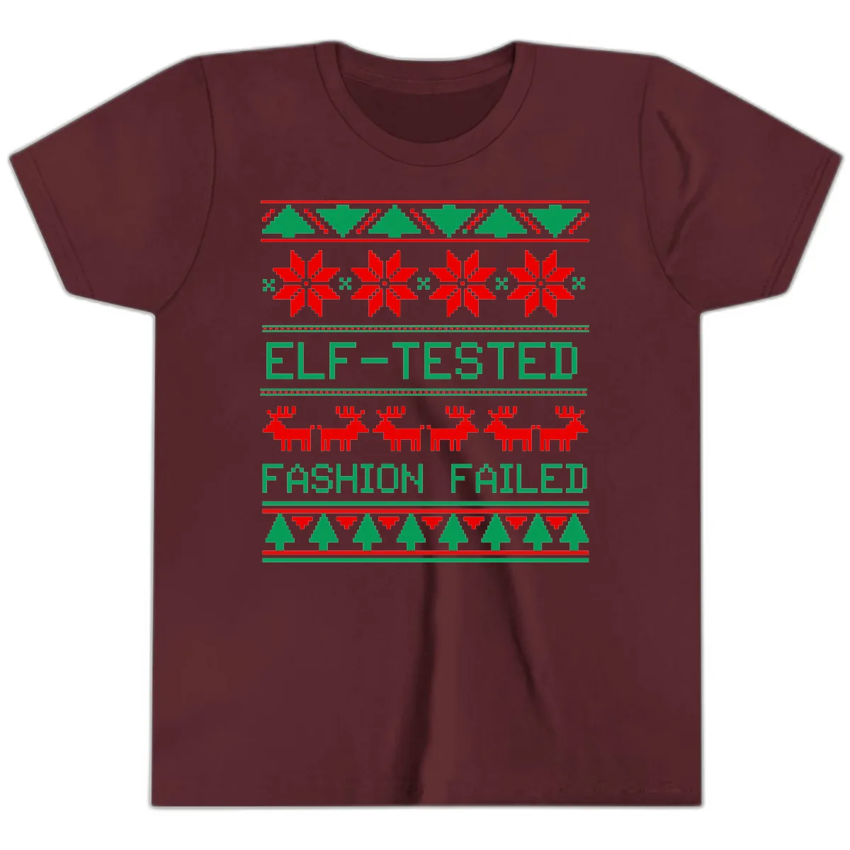 Elf Tested Fashion Failed Ugly Sweater Youth T-Shirt in Maroon