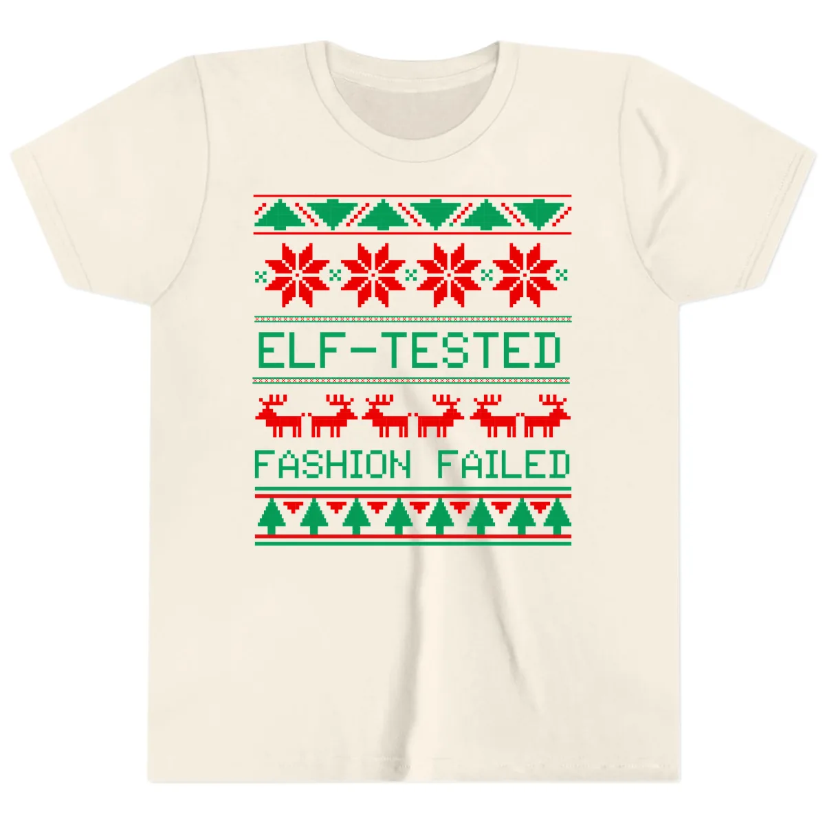 Elf Tested Fashion Failed Ugly Sweater Youth T-Shirt in Natural