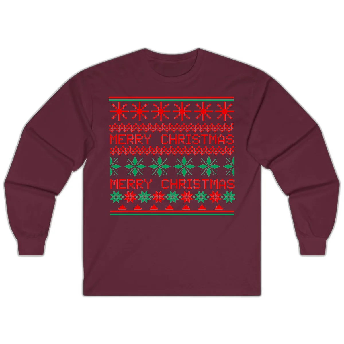 Ugly Christmas Sweater Pattern Long Sleeve in Maroon