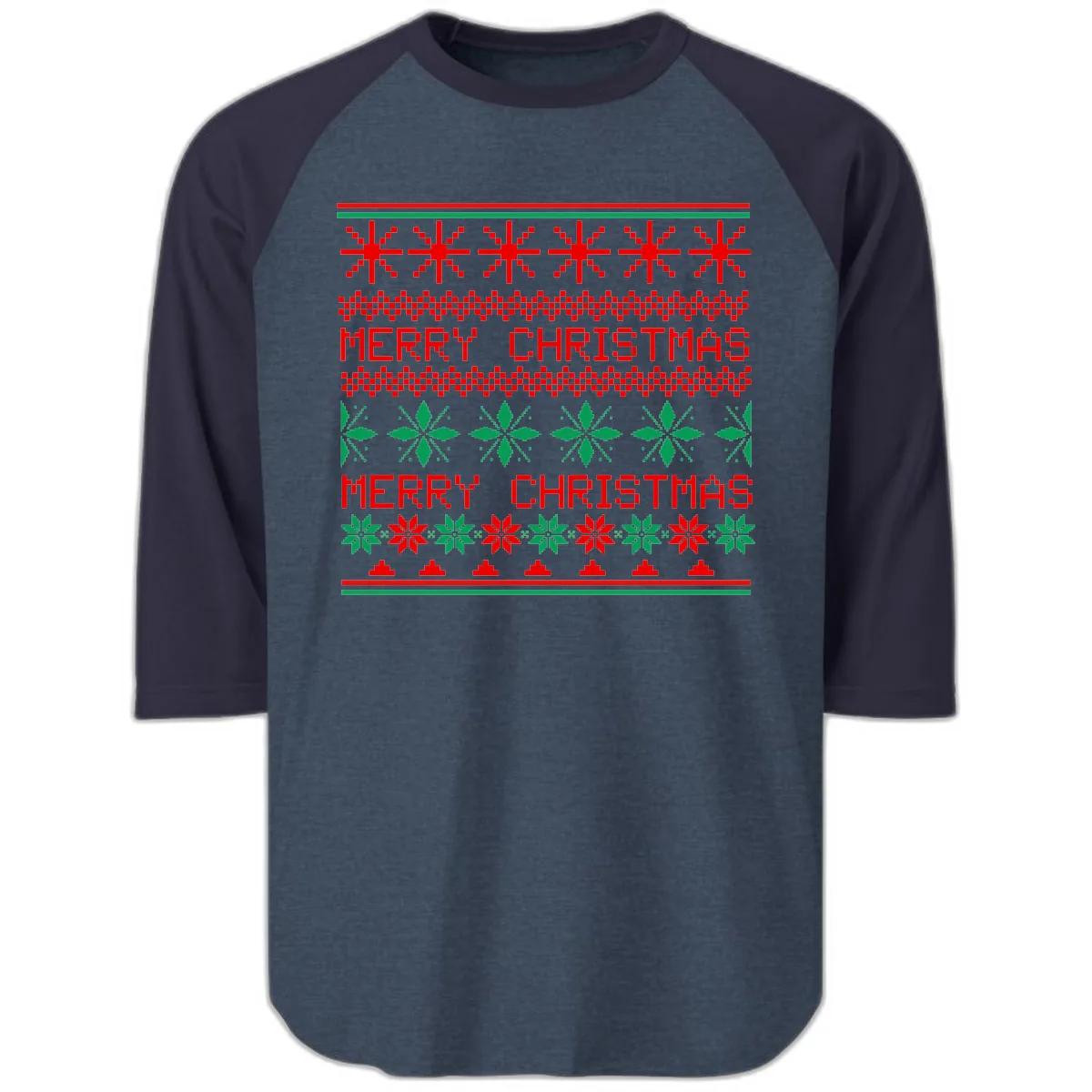 Ugly Christmas Sweater Pattern Raglan 3/4 in Heather Denim Navy