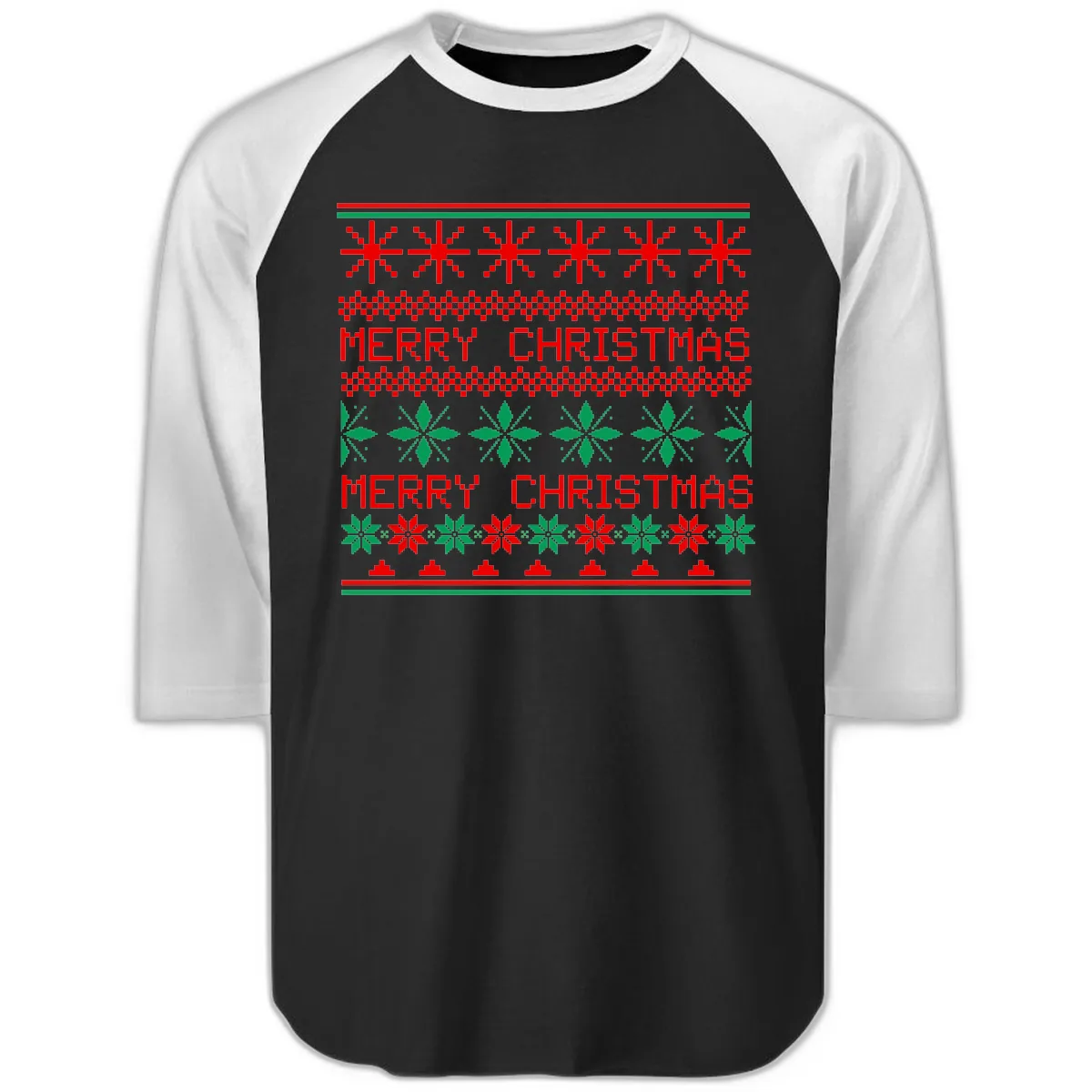 Ugly Christmas Sweater Pattern Raglan 3/4 in Black White