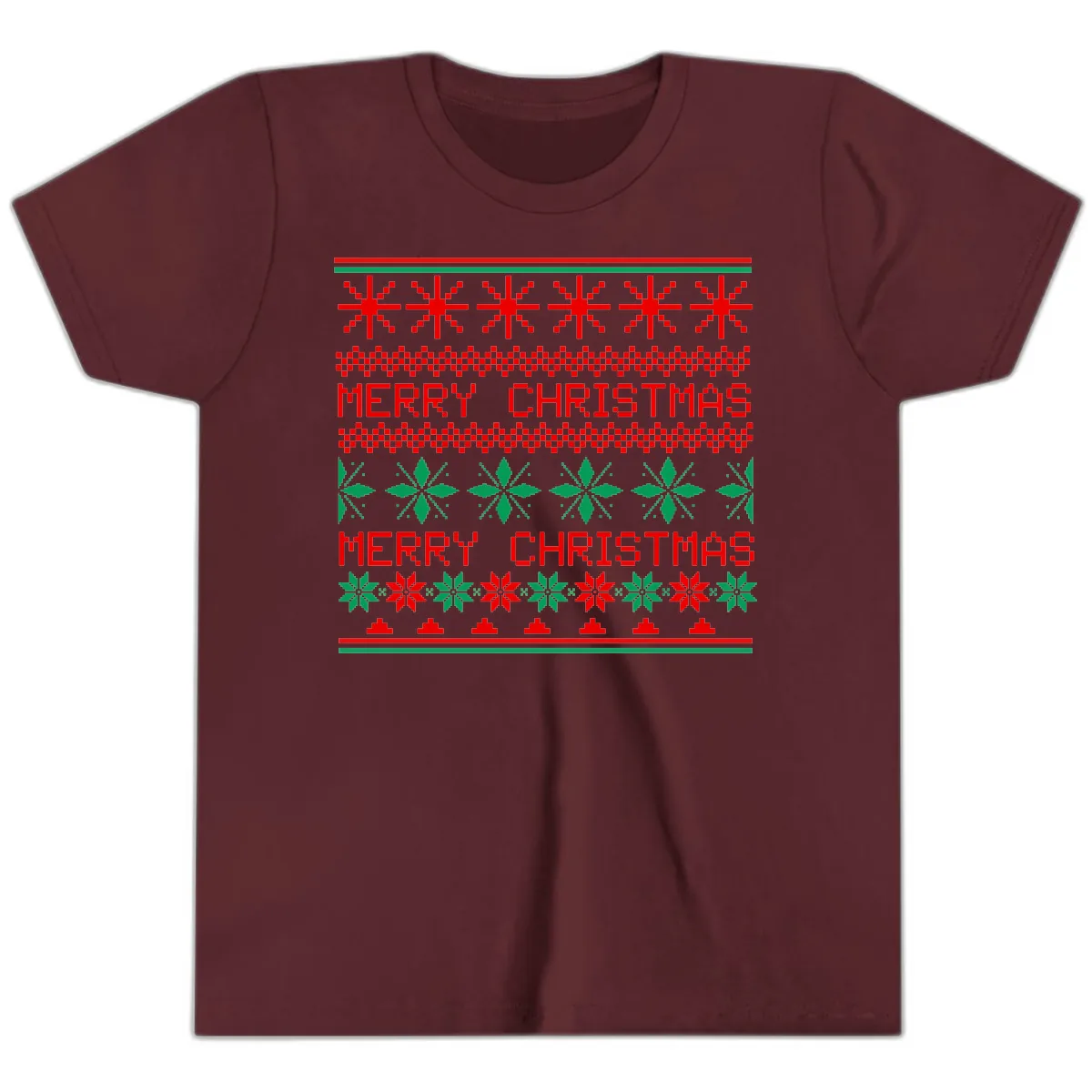 Ugly Christmas Sweater Pattern Youth T-Shirt in Maroon