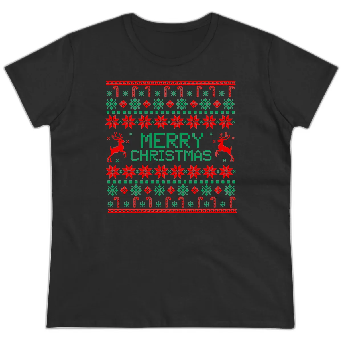 Merry Christmas Reindeer Snowflake Sweater Ladies Tee in Black