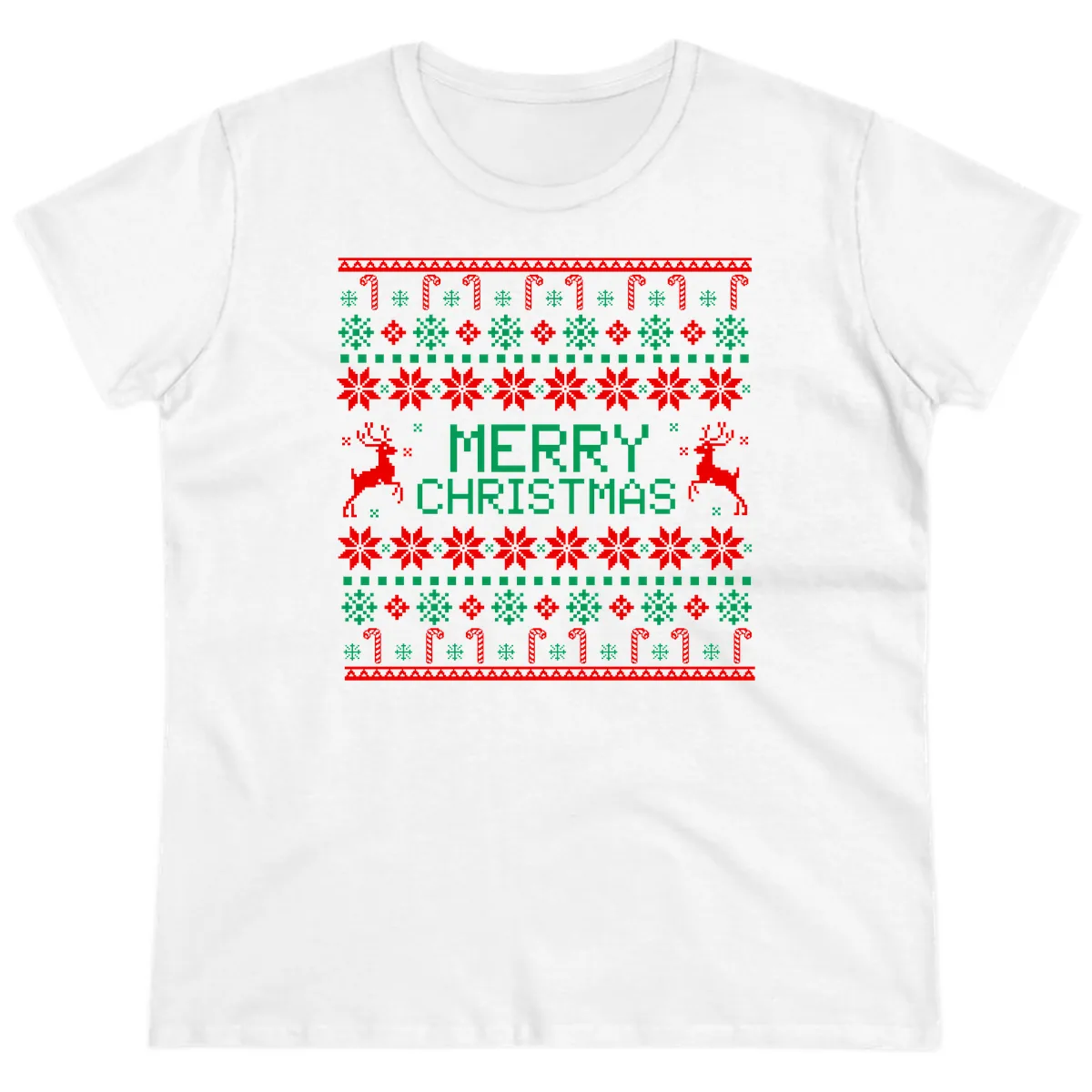 Merry Christmas Reindeer Snowflake Sweater Ladies Tee in White