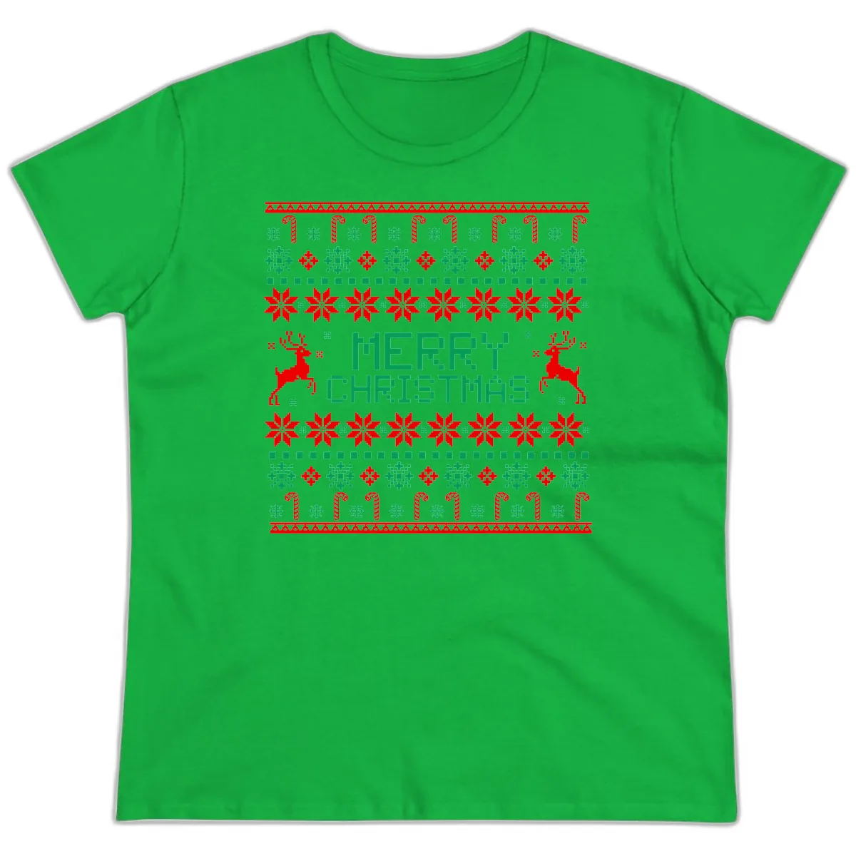 Merry Christmas Reindeer Snowflake Sweater Ladies Tee in Irish Green