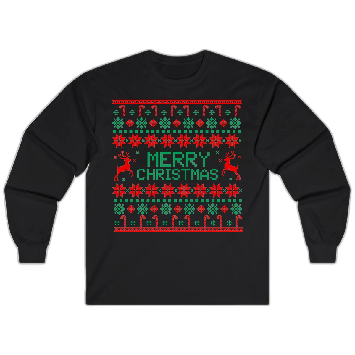 Merry Christmas Reindeer Snowflake Sweater Long Sleeve in Black