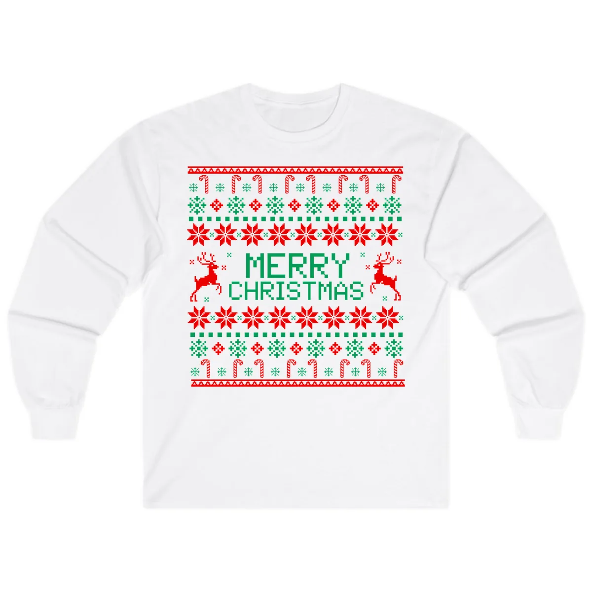 Merry Christmas Reindeer Snowflake Sweater Long Sleeve in White