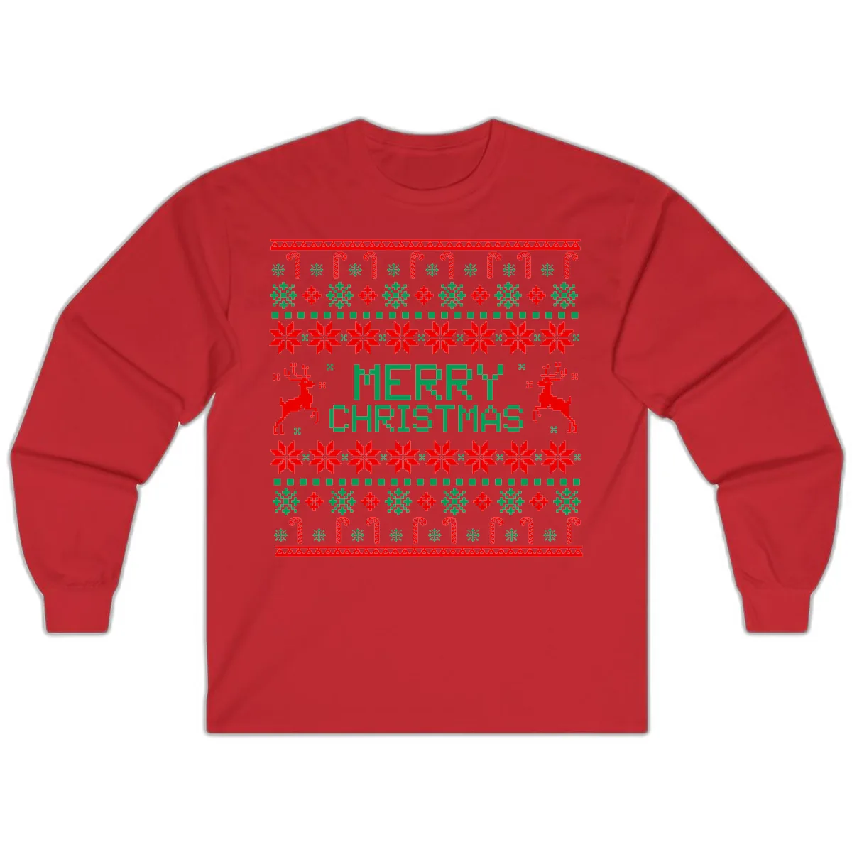 Merry Christmas Reindeer Snowflake Sweater Long Sleeve in Red