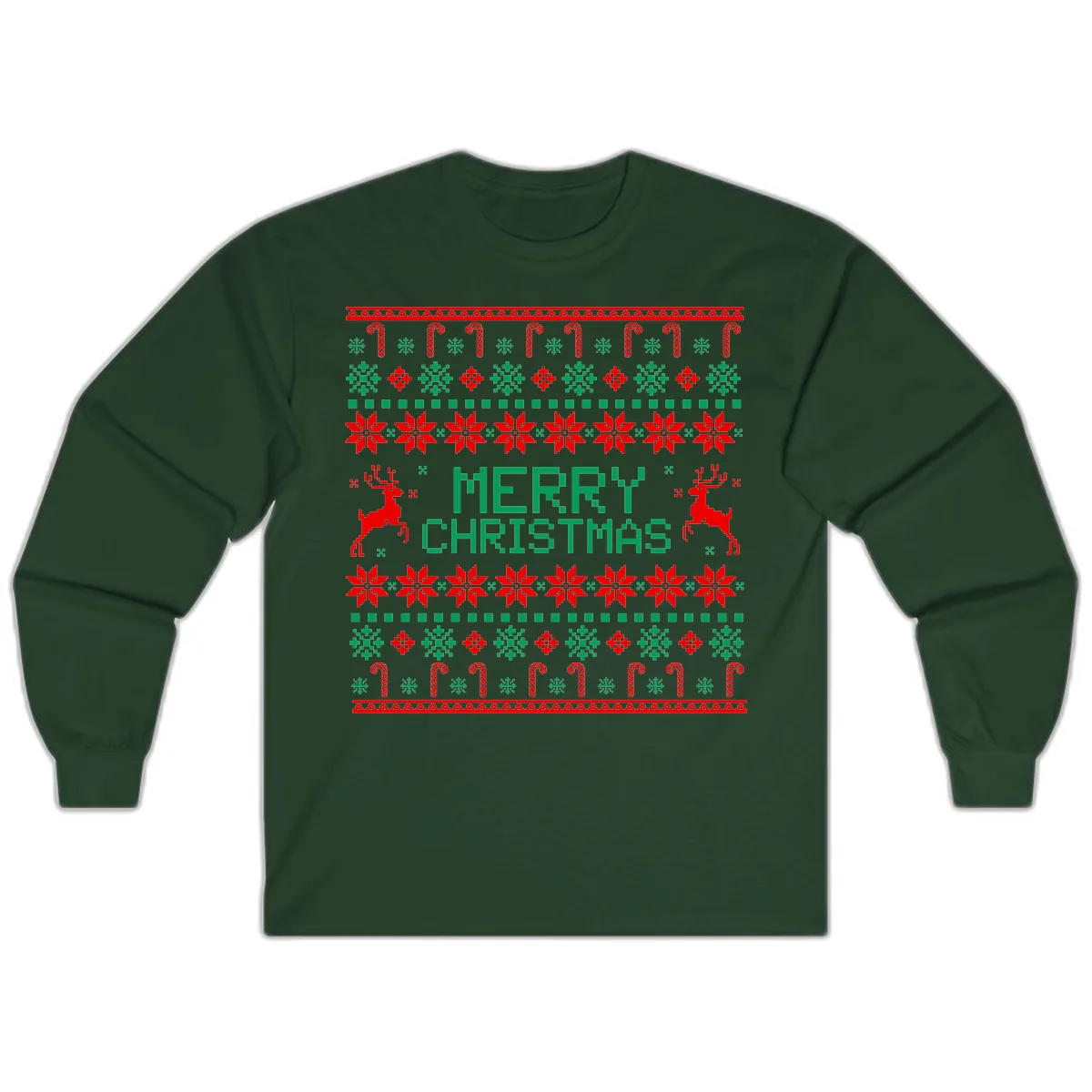 Merry Christmas Reindeer Snowflake Sweater Long Sleeve in Forest Green