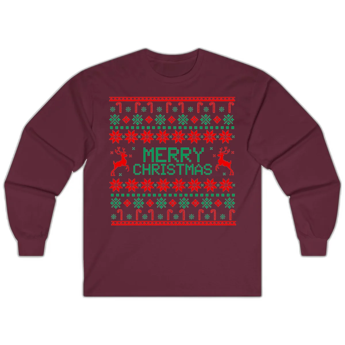 Merry Christmas Reindeer Snowflake Sweater Long Sleeve in Maroon
