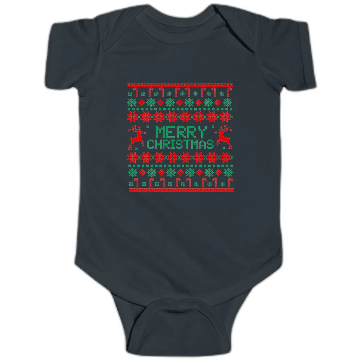 Merry Christmas Reindeer Snowflake Sweater Baby Onesie in Black