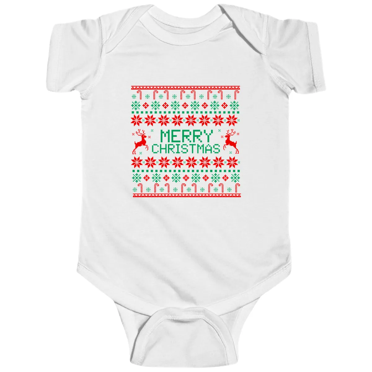 Merry Christmas Reindeer Snowflake Sweater Baby Onesie in White