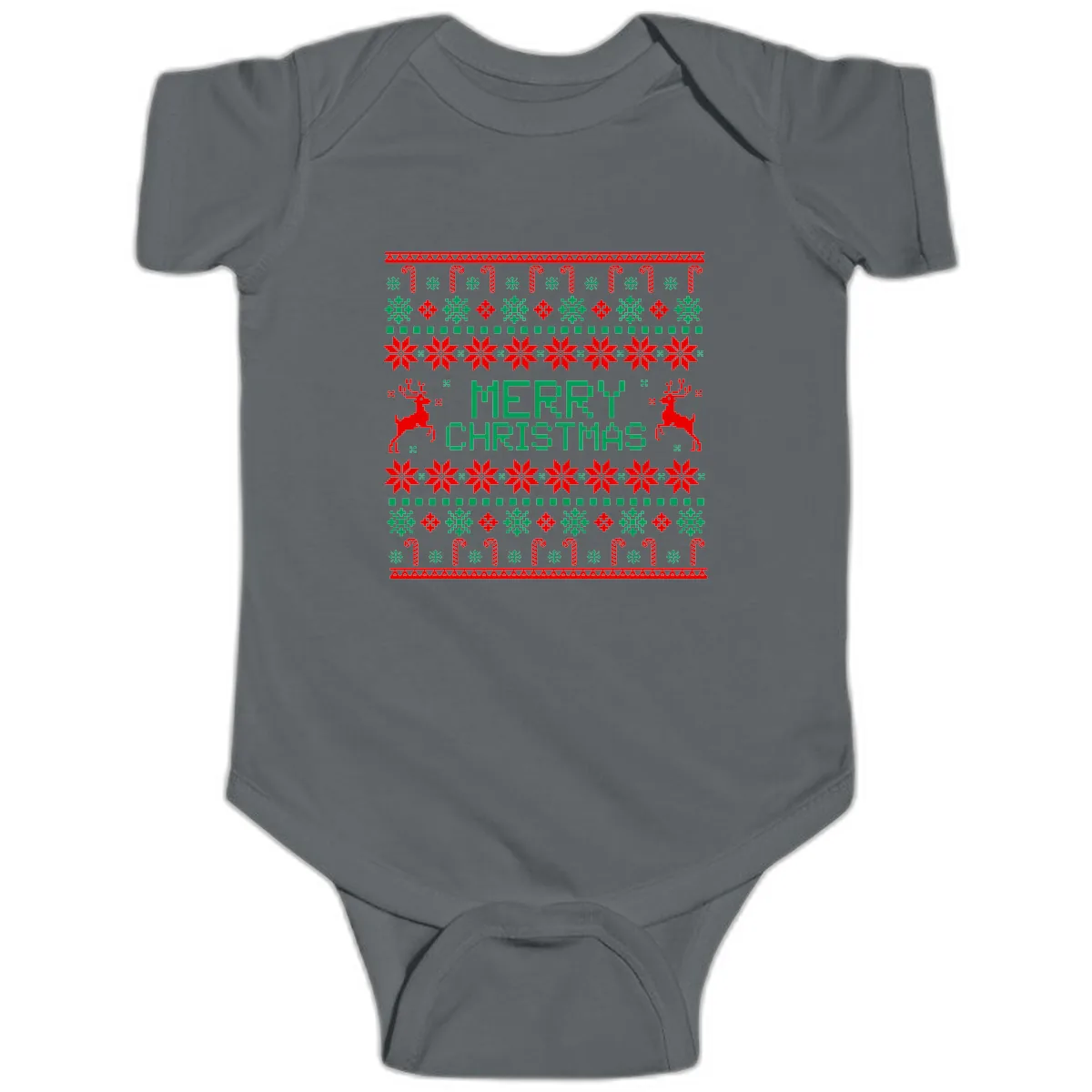 Merry Christmas Reindeer Snowflake Sweater Baby Onesie in Charcoal