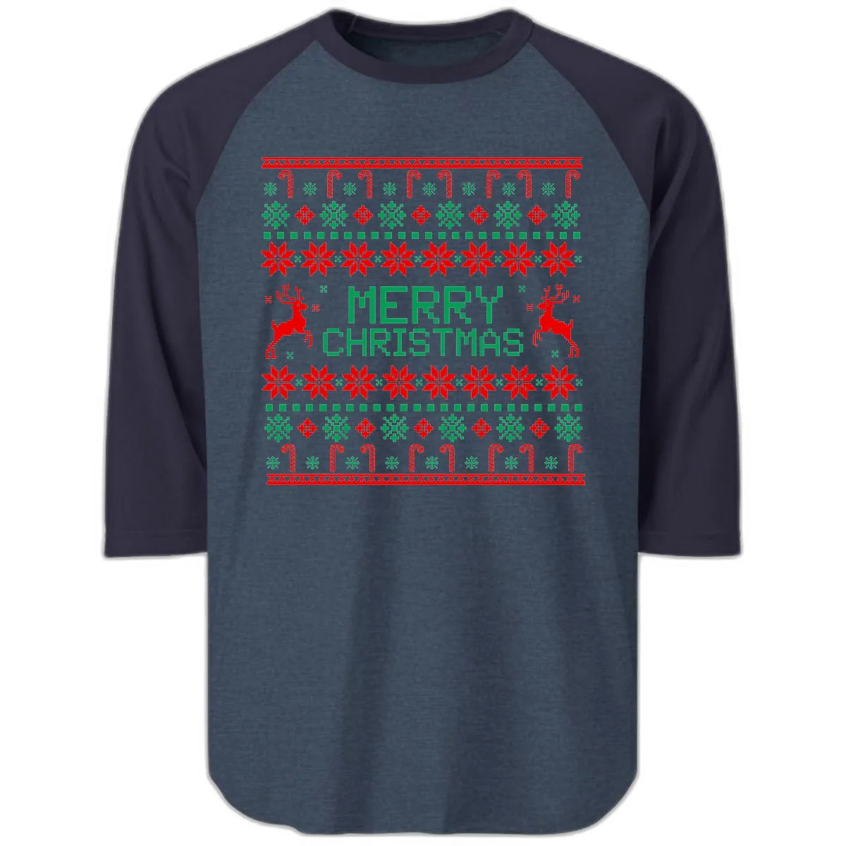 Merry Christmas Reindeer Snowflake Sweater Raglan 3/4 in Heather Denim Navy
