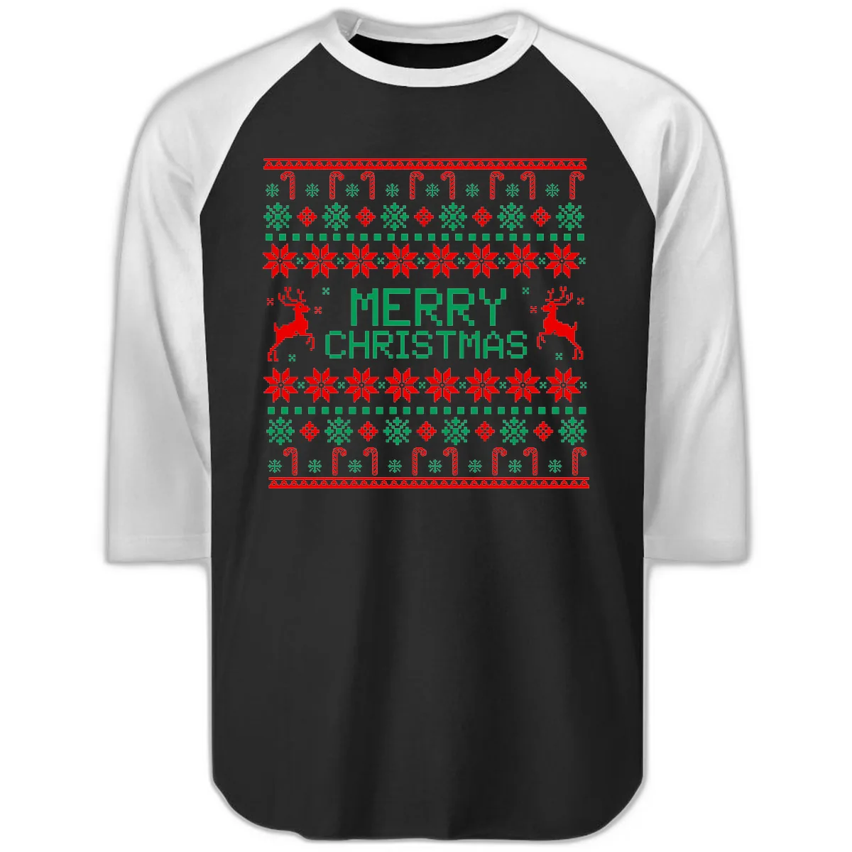 Merry Christmas Reindeer Snowflake Sweater Raglan 3/4 in Black White