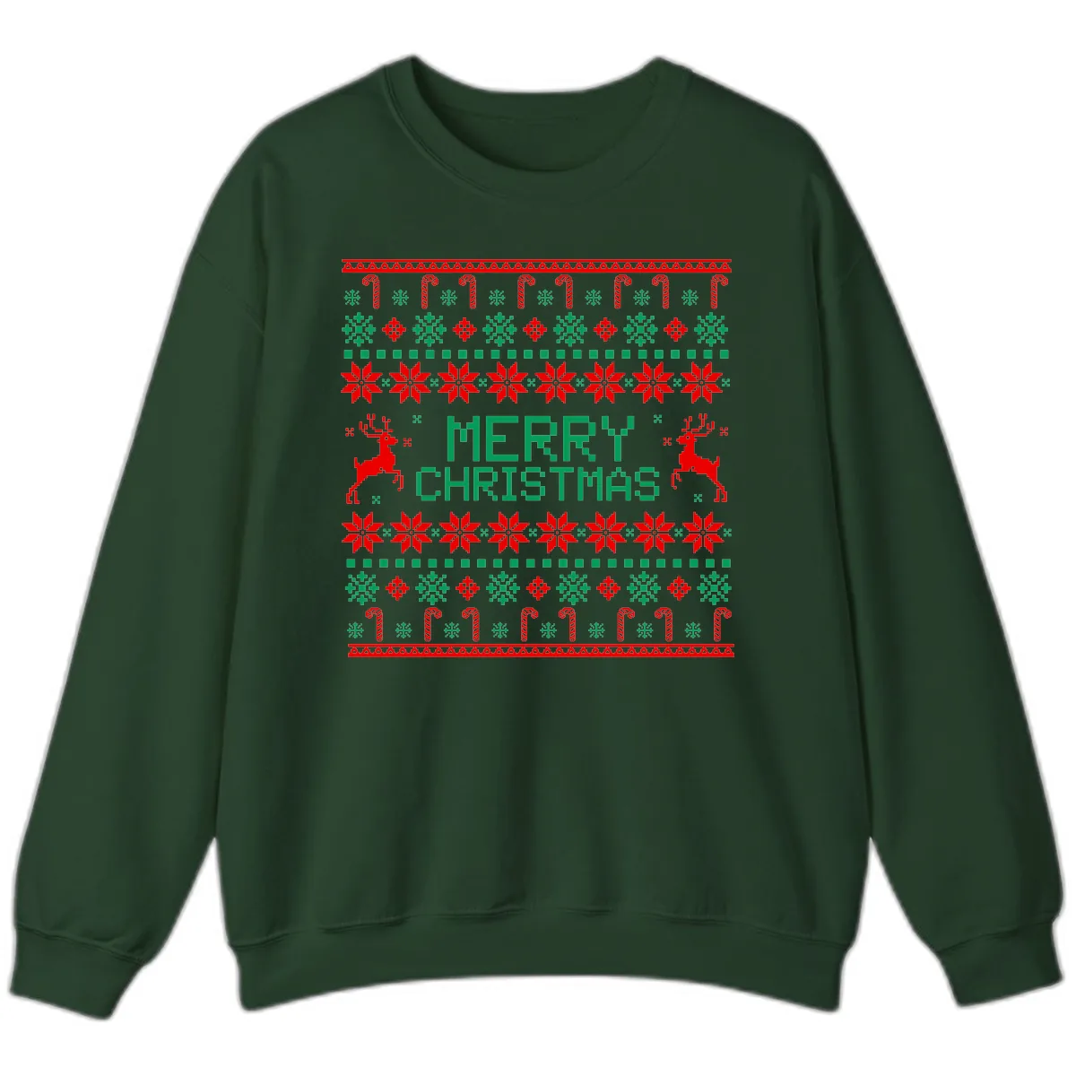 Merry Christmas Reindeer Snowflake Sweater Sweatshirt in Forest Green
