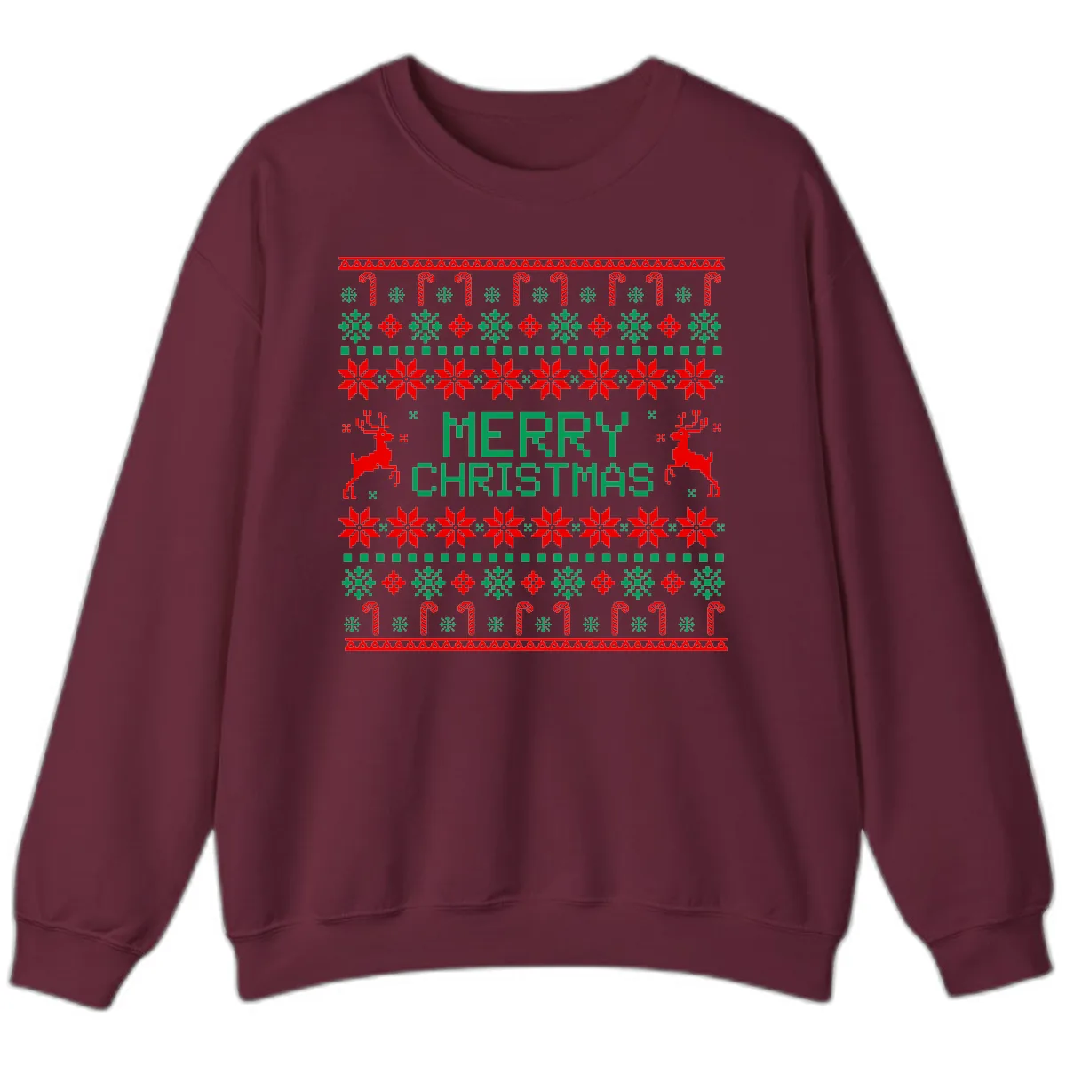 Merry Christmas Reindeer Snowflake Sweater Sweatshirt in Maroon
