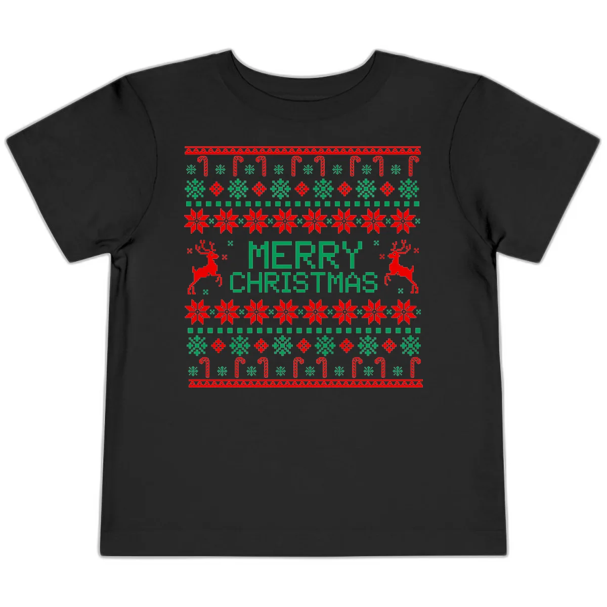 Merry Christmas Reindeer Snowflake Sweater Toddler T-Shirt in Black