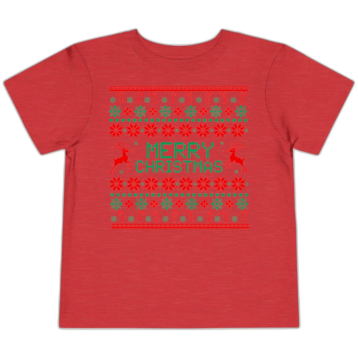 Merry Christmas Reindeer Snowflake Sweater Toddler T-Shirt in Heather Red
