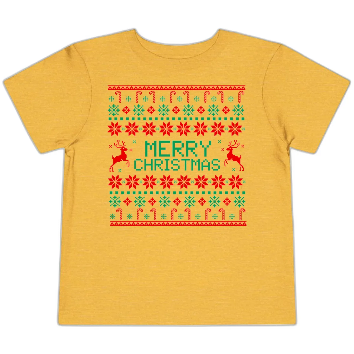 Merry Christmas Reindeer Snowflake Sweater Toddler T-Shirt in Heather Yellow Gold