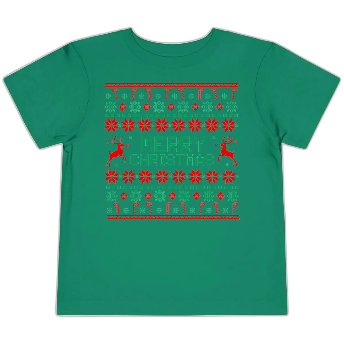 Merry Christmas Reindeer Snowflake Sweater Toddler T-Shirt in Kelly
