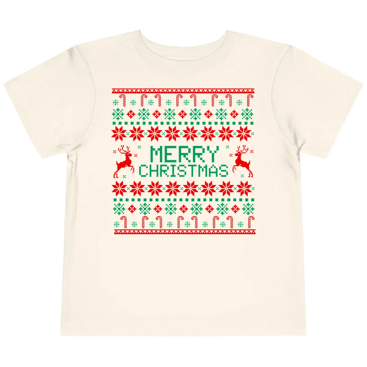 Merry Christmas Reindeer Snowflake Sweater Toddler T-Shirt in Natural