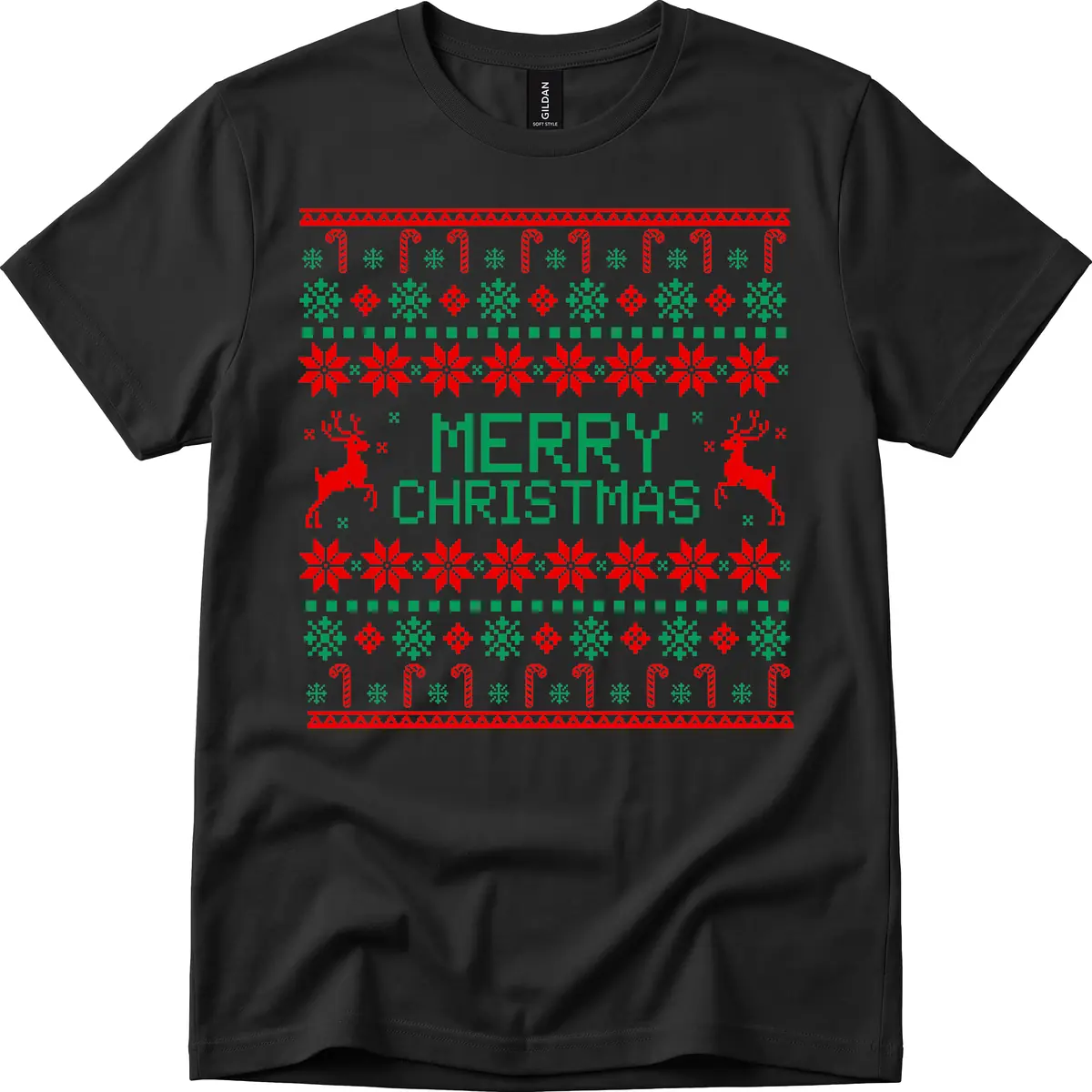 Merry Christmas Reindeer Snowflake Sweater T-Shirt in Black
