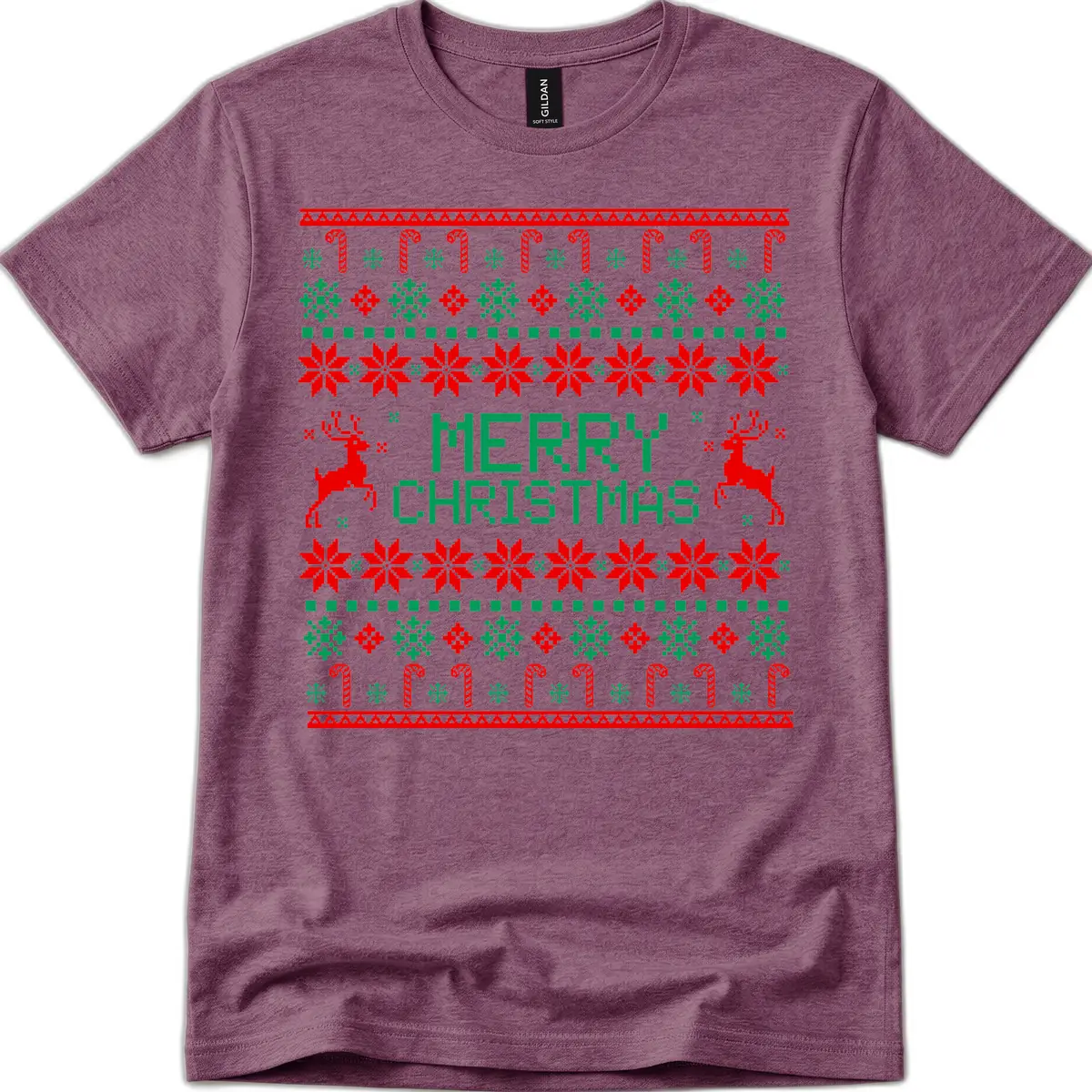 Merry Christmas Reindeer Snowflake Sweater T-Shirt in Heather Maroon